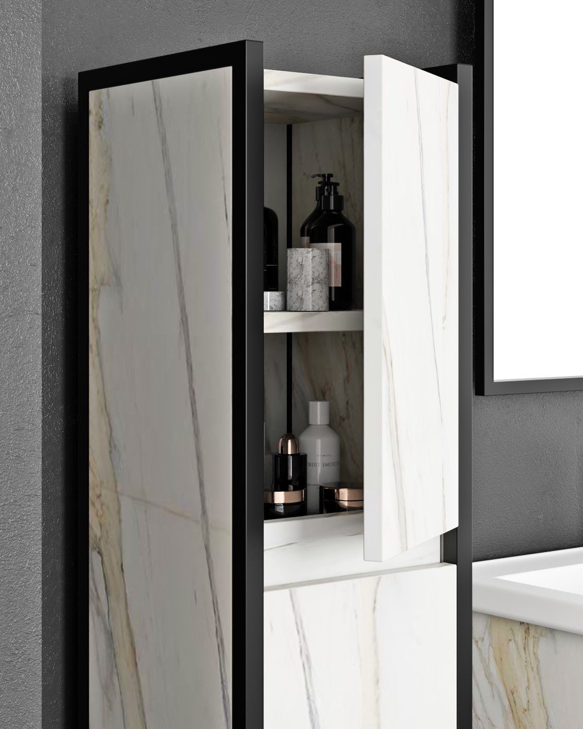 Karen Badmöbel-Set Badmöbel Set Hazar, (Komplett-Set, Standartmäßig 5-Teilig (Unterschrank, Spiegel, Waschbecken, Hängeschrank und Hochschrank), Unterschrank mit Schublade und Regal, Hochschrank mit Türen & Regalen), Marmor Design, MDF Lam-Beschichtung, Softclose