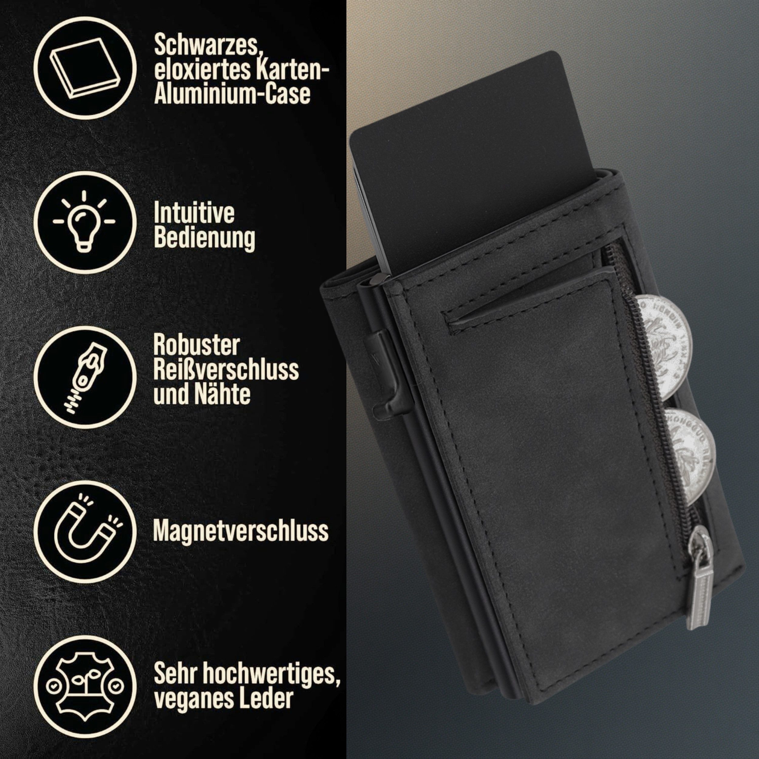 S&T Design Brieftasche S&T Design RFID Blocker Cardholder Slim Wallet Herren veganem Leder (S&T Design portemonnaie, 1-tlg., Mit Geschenk verpackung), 11 Kartenfächer Münzfach Bargeld mit Reisverschluss Magnetisch Klein