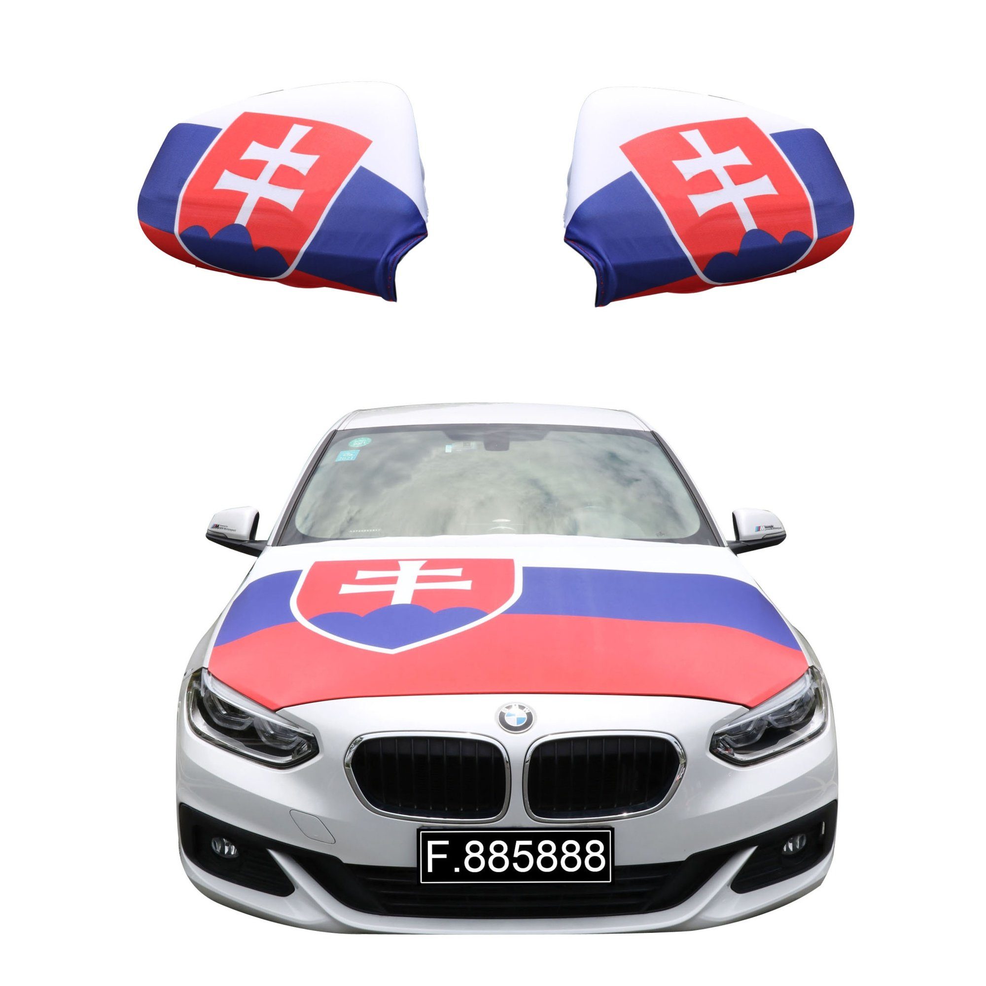 Sonia Originelli Fahne Fanset "Slowakei" Slovakia Fußball Motorhaube Außenspiegel Flagge, für alle gängigen PKW Modelle, Motorhauben Flagge: ca. 115 x 150cm | Fanfahnen