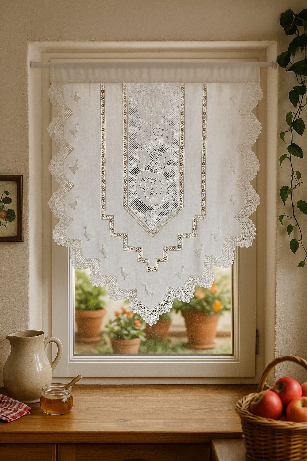 HOSSNER - ART OF HOME DECO Scheibengardine 40x60 cm (1 St), blickdicht, Baumwolle, Vintage, Romantische Stickerei