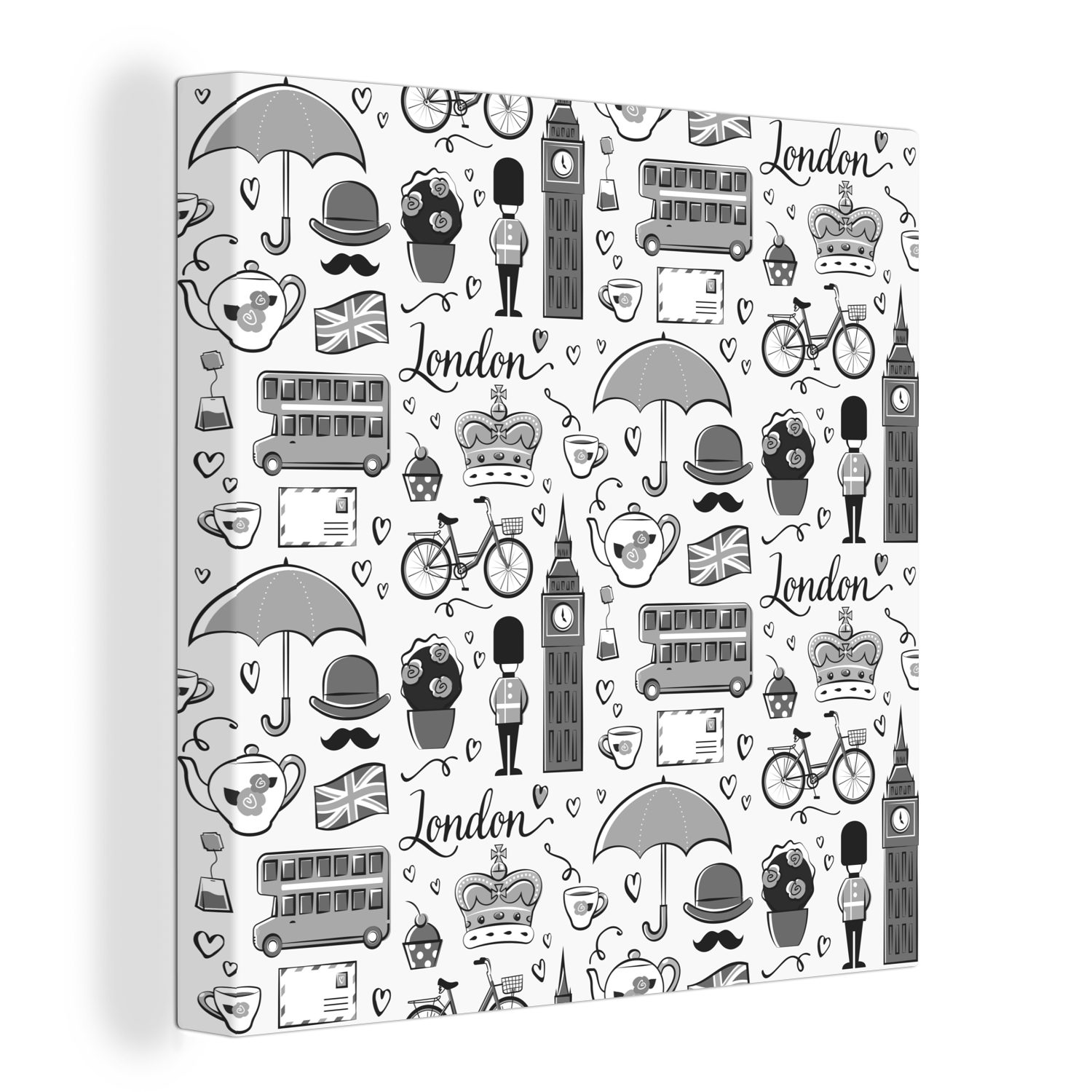 OneMillionCanvasses® Leinwandbild Muster von Illustrationen aus der Stadt London - schwarz und weiß, (1 St), Leinwand Bilder für Wohnzimmer Schlafzimmer