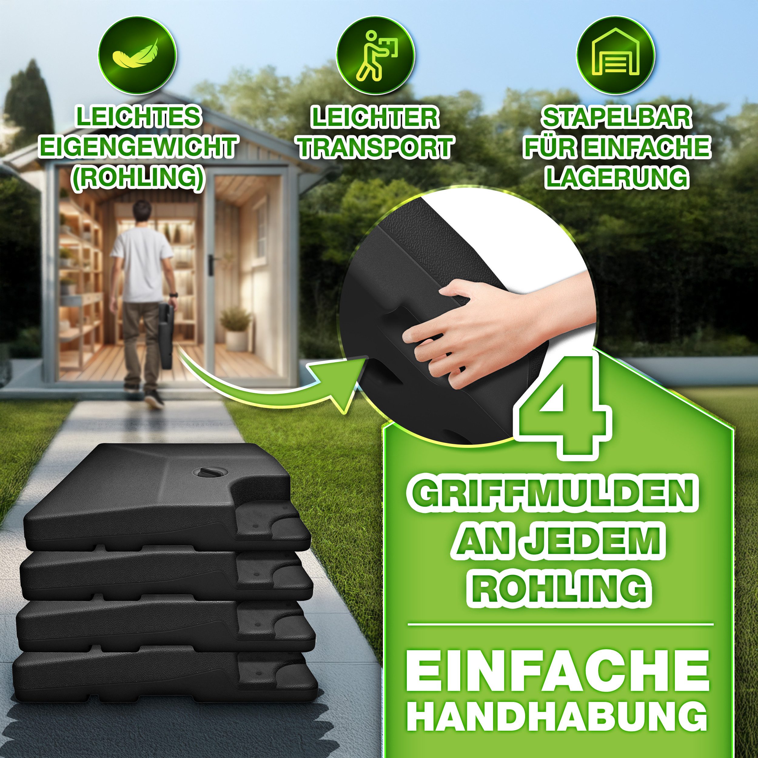 tillvex Sonnenschirm tillvex® Sonnenschirmständer 90L / 120kg Schirmständer Schirmgewicht, Schirmständer Ampelschirmständer wetterfest, inkl. Metallverbinder Schirmgewicht befüllbar, Sonnenschirmständer 90 Liter / 120 kg – 4-teilig für Ampelschirm