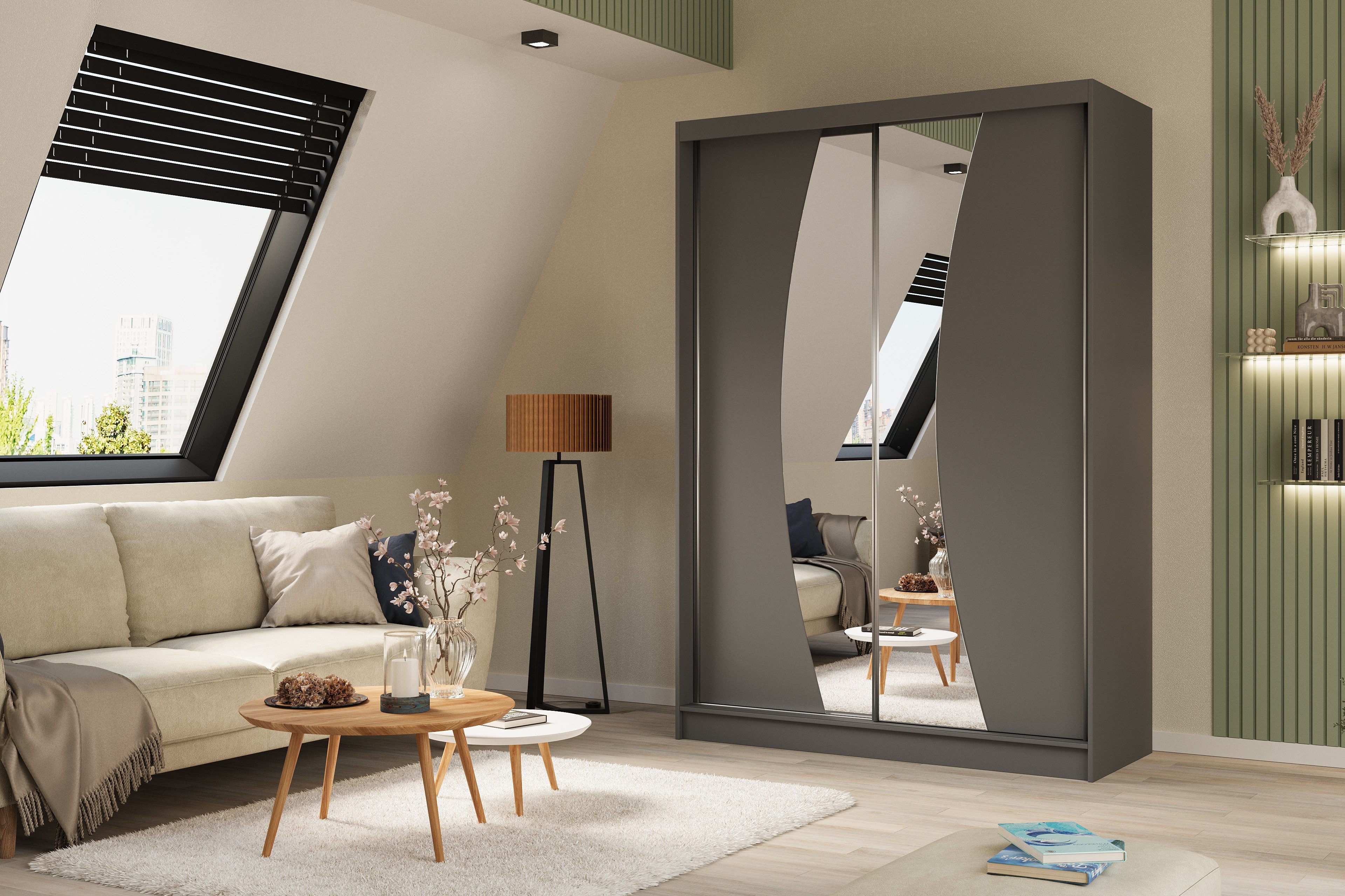 ALTDECOR Schiebetürenschrank VOXI (Kleiderschrank Garderobenschrank mit viel Stauraum Moderner Schrank) Spiegel Spiegeltüren Vielseitiger Schwebetürenschrank LED Beleuchtung