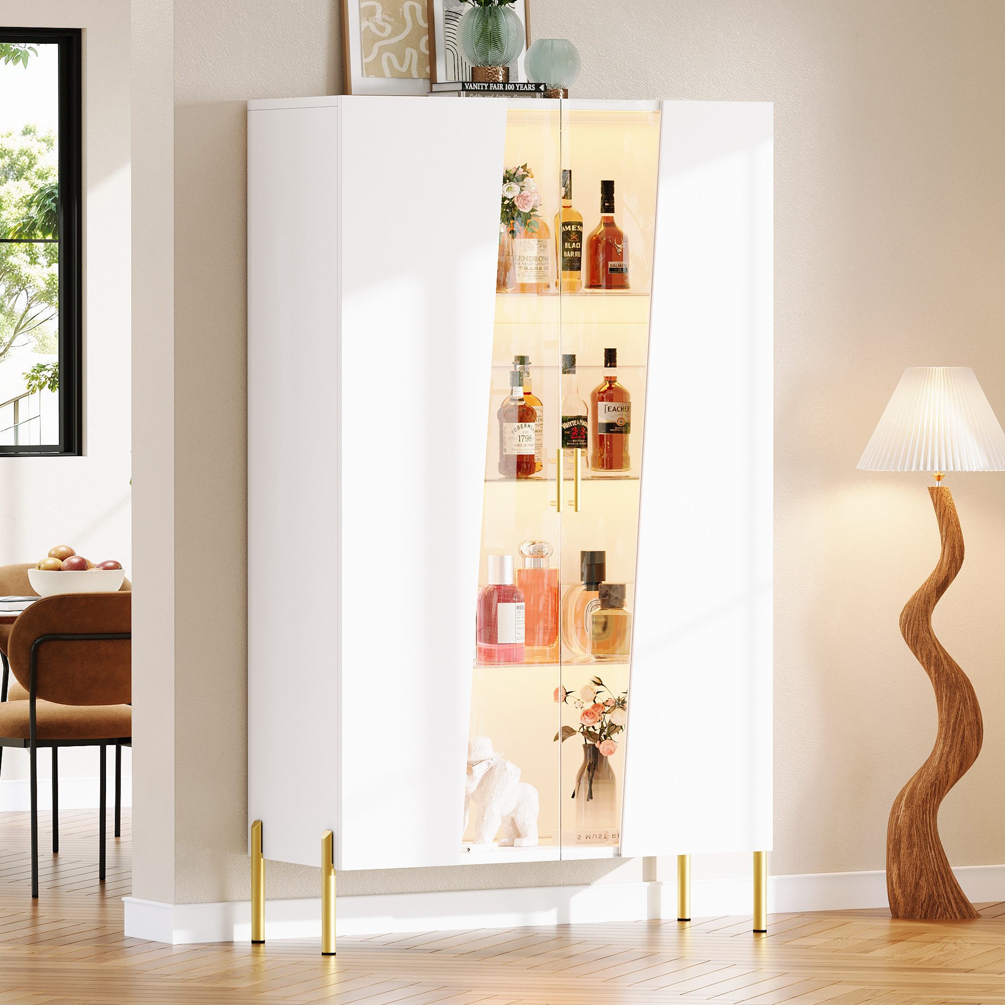 Flieks Glasvitrine Hochschrank mit 3 höhenverstellbarer Glaseinlegeböden, LED-Beleuchtung (4 Ebenen, B72 x T40 x H145 cm, 1-St., Mehrzweckschrank Bücherregal für Wohnzimmer, Esszimmer, Schlafzimmer) Multifunktionsschrank Standvitrine mit asymmetrischer Glastür Weiß