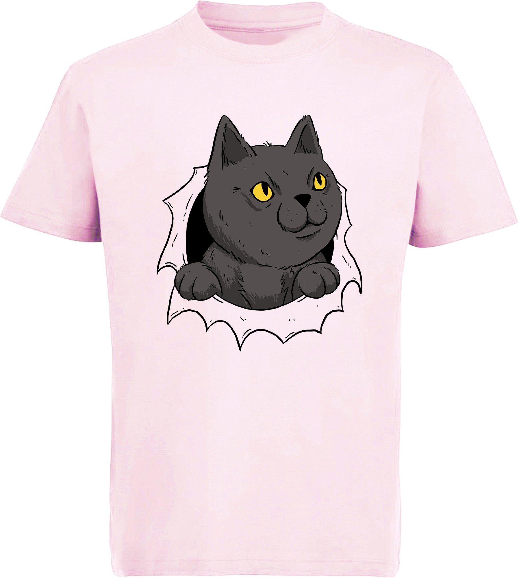 MyDesign24 Print-Shirt bedrucktes Kinder Mädchen T-Shirt Katze die aus einem Loch kommt Baumwollshirt mit Katze, weiß, schwarz, rot, rosa, i105