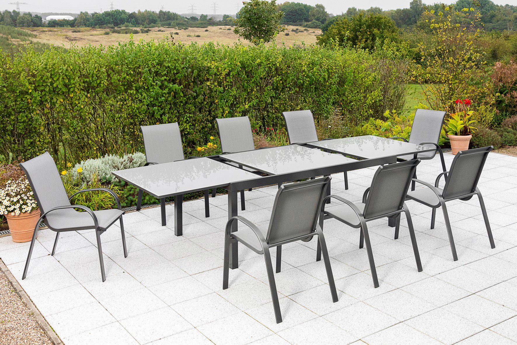 MERXX Garten-Essgruppe Amalfi, (Set, 9-tlg), 8 Stapelsessel, Ausziehtisch