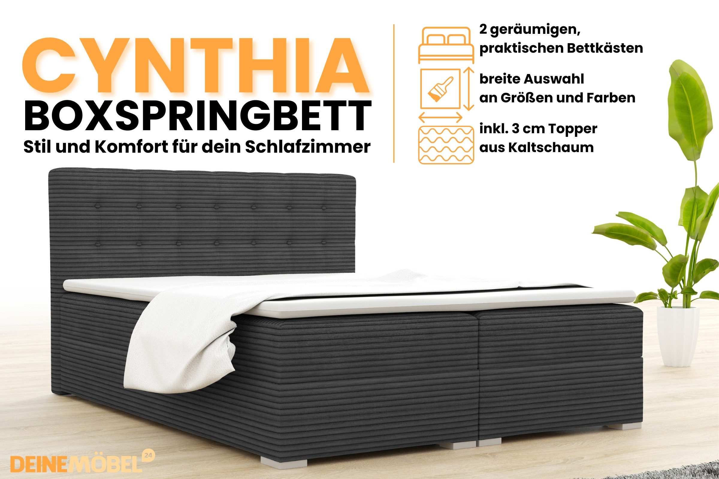 Deine Möbel 24 Boxspringbett CYNTHIA Boxbett Polsterbett Matratzen H3 oder H4 (Set, 3-St., Cord Cord-Samt 140x200 160x200 180x200 200x200), inkl. Bettkasten Topper Matratzen H3 H4