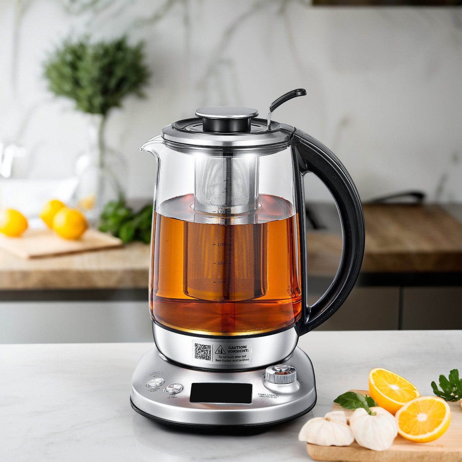 FOHERE Wasserkocher aus Glas und Edelstahl, mit Temperaturregler und Sockel, 1,7 l, 2200 W, 40 °C – 100 °C, 2 Stunden warmhalten