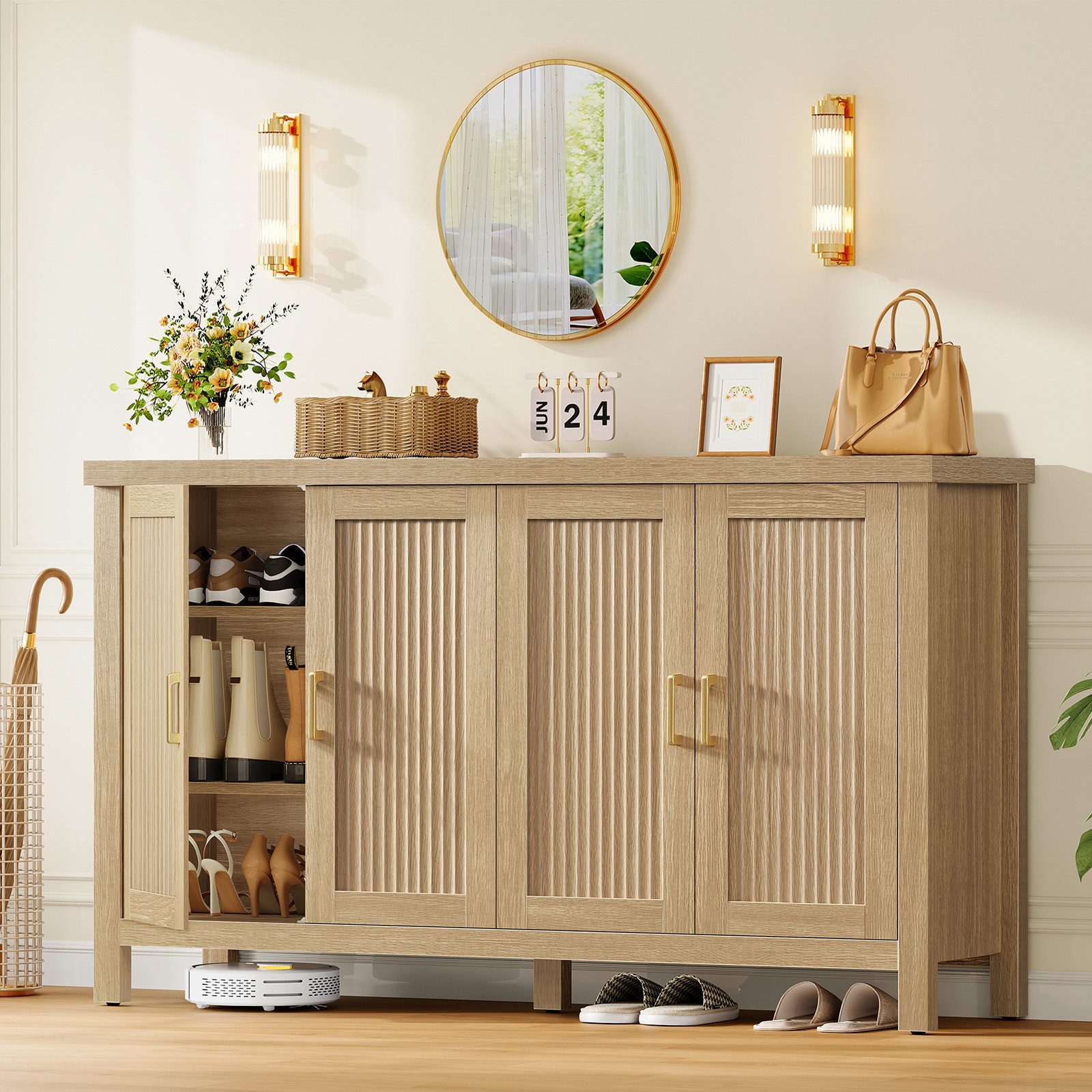 TEENFON Sideboard 140 cm breites Sideboard (mit gestreiften Türen und goldenen Griffen) (1 St) – Bild 3 von 5