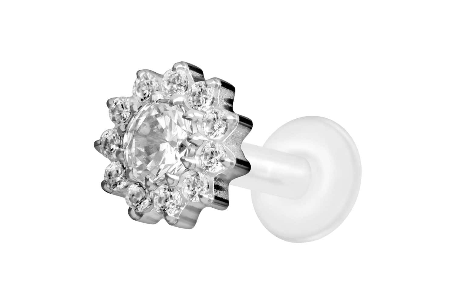 Piercing-Set PTFE Labret mit Innengewinde + Titan-Aufsatz KRISTALLBLUME