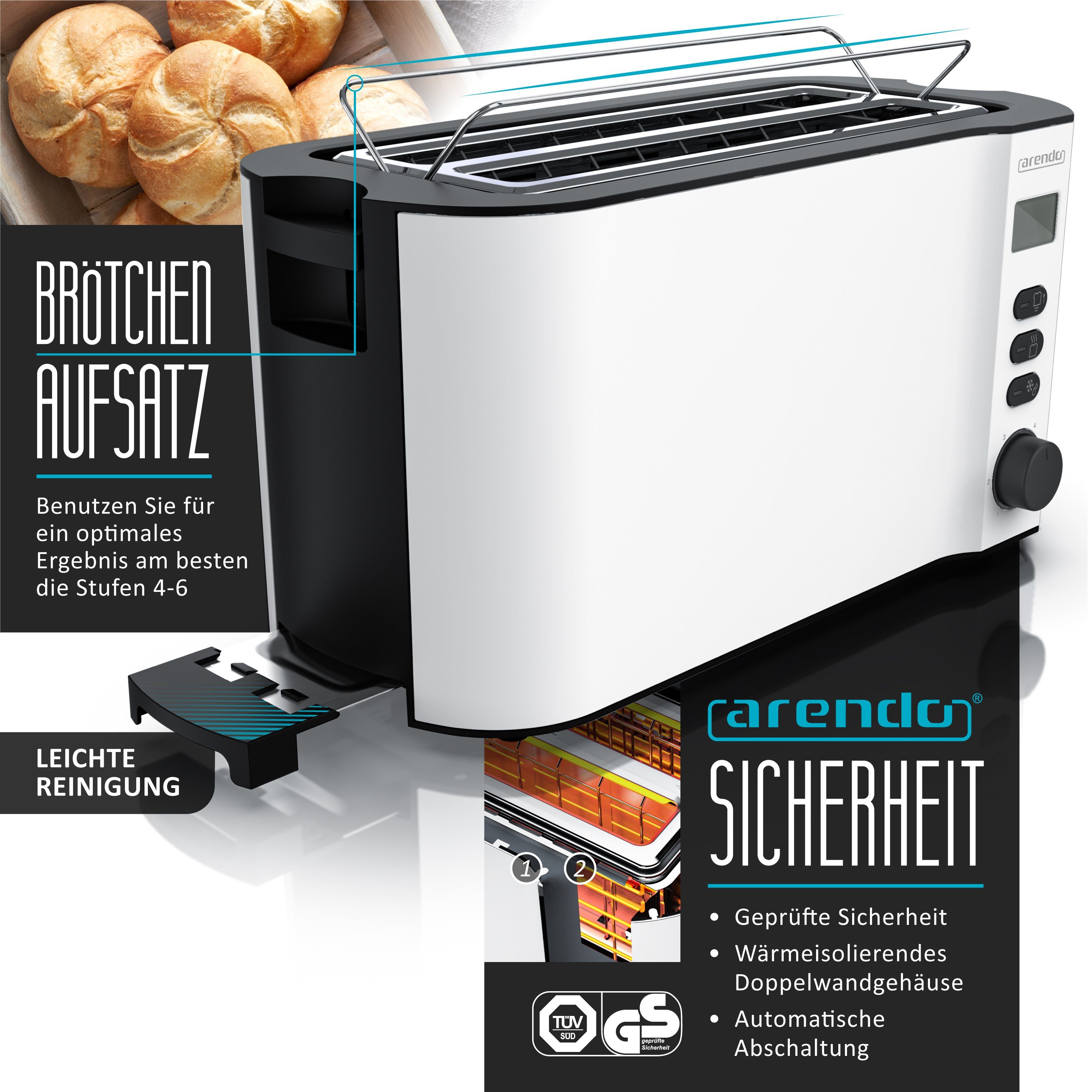 Arendo Frühstücks-Set Frühstücksset Weiß matt: Wasserkocher 1,5 L & 4-Scheiben-Toaster (2-tlg), Edelstahl Wasserkocher 1,5l, 4-Scheiben Langschlitz Toaster, Wei – Bild 4 von 5