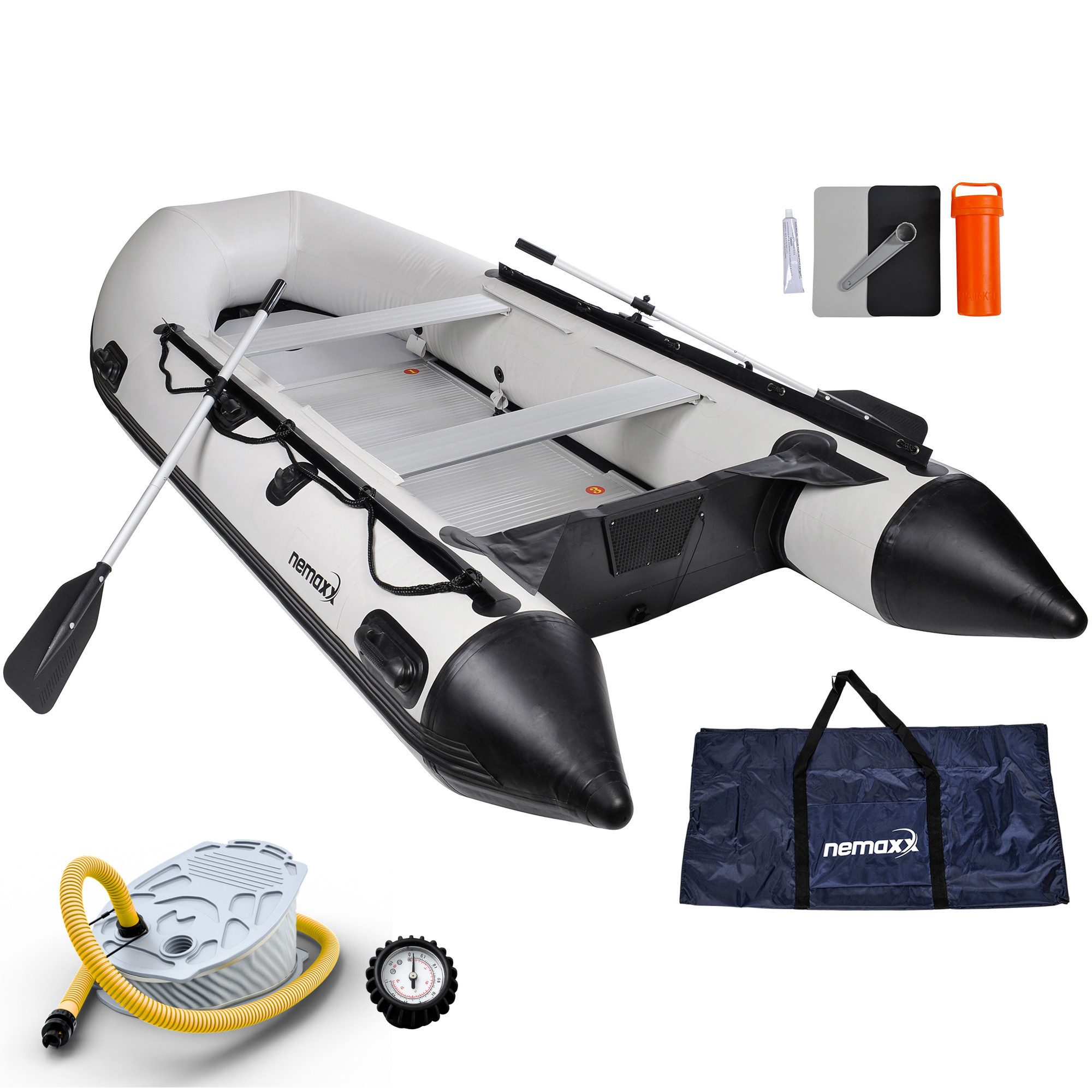 NEMAXX Schlauchboot 380 cm für 7 Personen Paddel-, Angel- & Ruderboot–905 kg–22 kW / 30 PS, (inkl. 2 Paddel,Fußpumpe,Manometer,Tasche & Reparaturset–Aluminiumboden), Tragegriffe, Halteleine, Heckspiegel, Paddelhalter, 3 + 1 Luftkammern