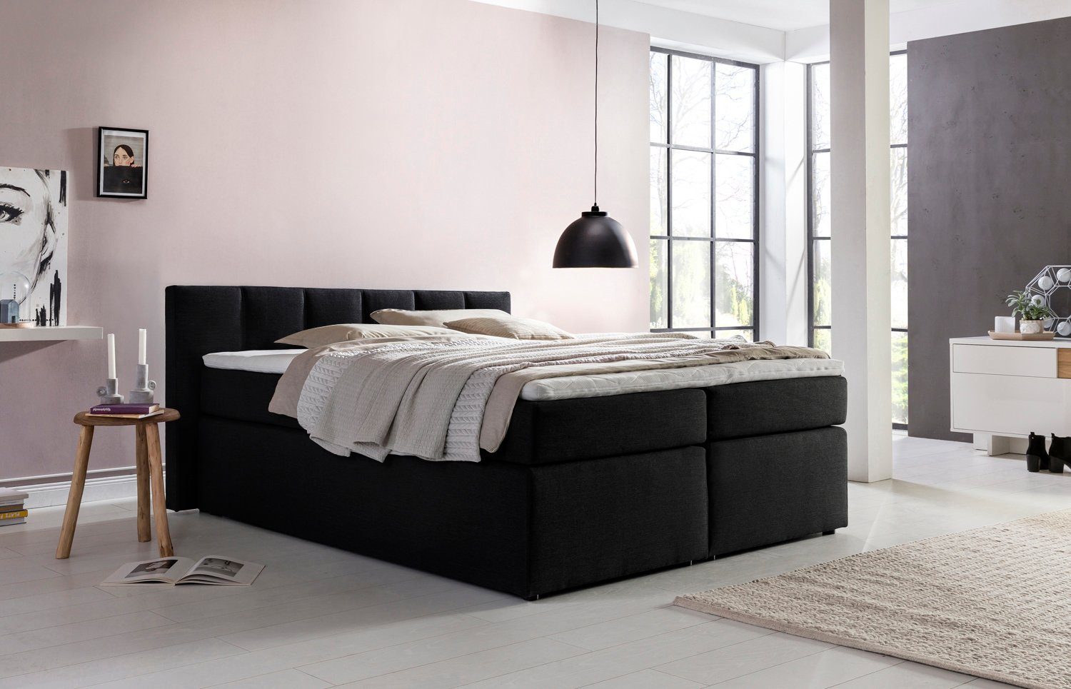 Möbelfreude Boxspringbett Boxspringbett Valina 90x200 cm Schwarz H2, 90x200 cm Schwarz H2 niedriges Kopfteil 90 cm Ideal für Dachsschräge