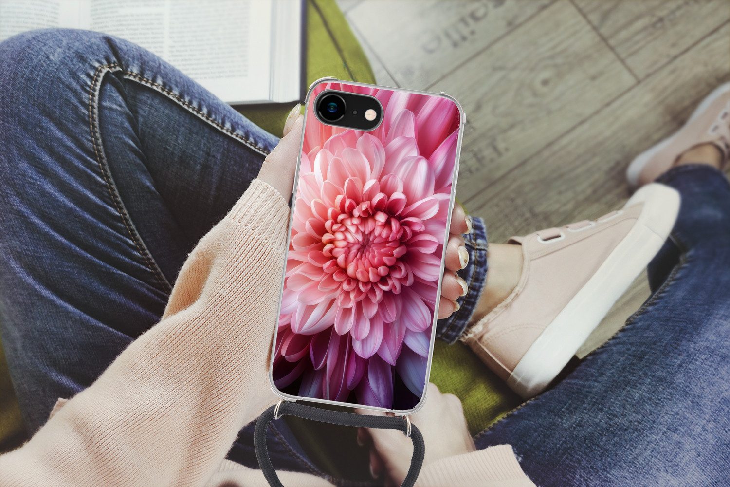 MuchoWow Handyhülle für Apple iPhone 8 Dahlie - Blume - Nahaufnahme - Rosa, Tragbare Handyhüllen mit Kette zum umhängen, Handykette Handyband