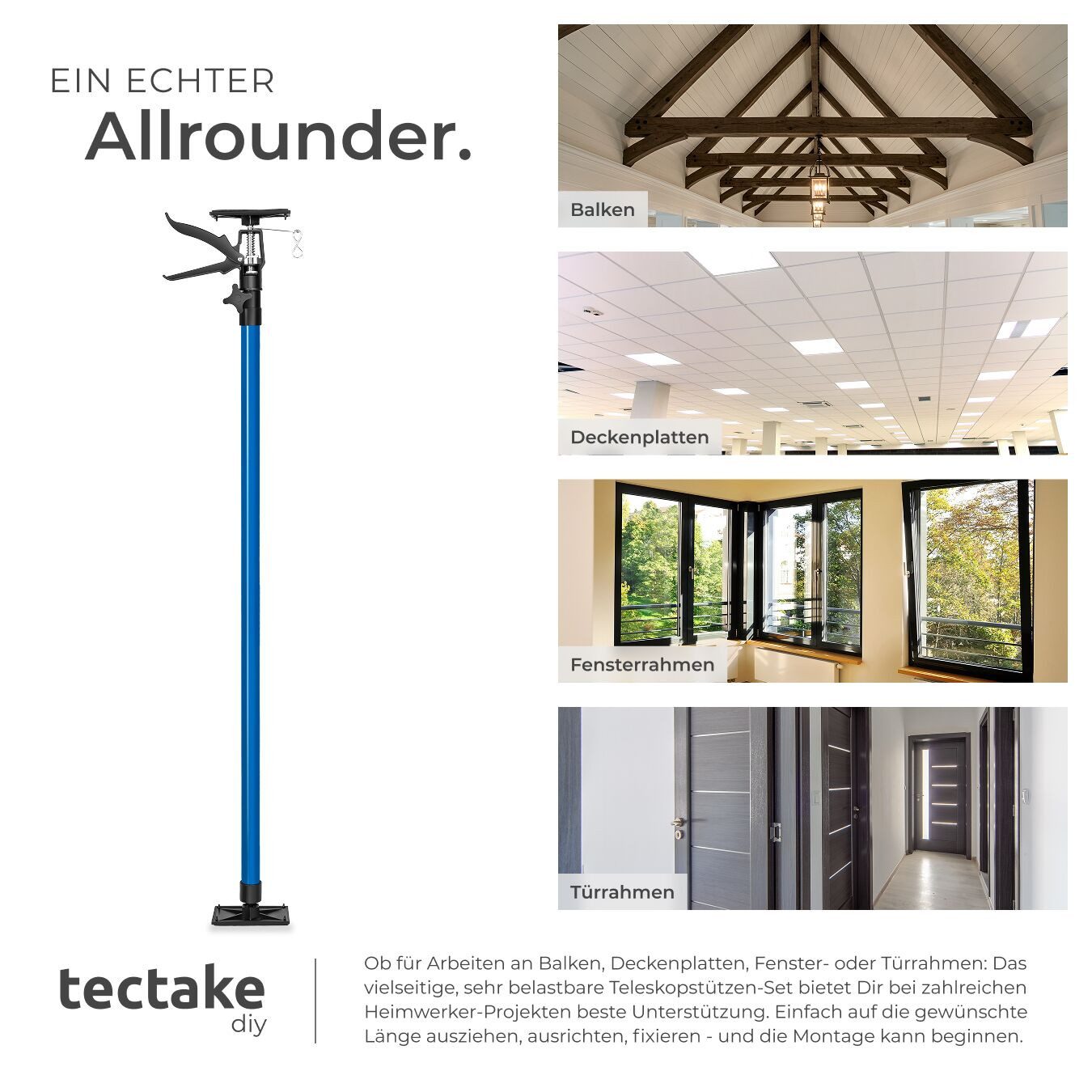 tectake Montageklemme 4er-Set Teleskopstütze, rutschfeste Auflageplatten mit Kugelgelenk, B: 7,00 cm, L: 18,00 cm, (Deckenstütze, in blau), Mit Schnellspannsyst – Bild 5 von 5
