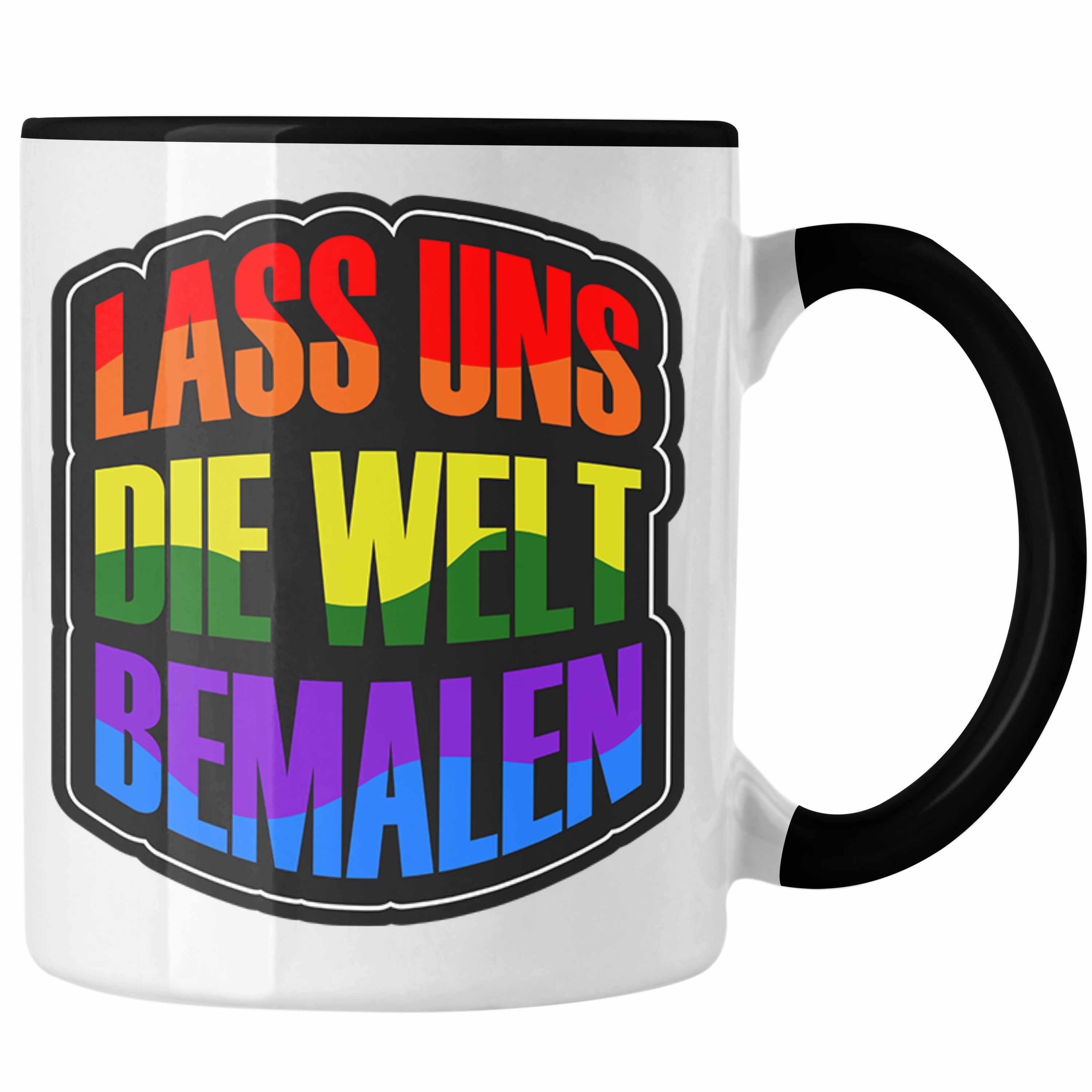 Trendation Tasse Geschenkidee LGBT Tasse "Lass uns die Welt Bemalen" Regenbogenfarben Schwarz