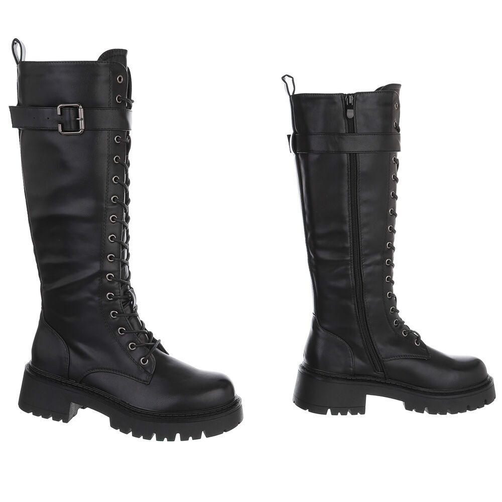 Ital-Design Damen Schnürstiefel Combat-Style mit Schnalle Plateaustiefel (92078849) Blockabsatz Stiefel in Schwarz – Bild 4 von 5