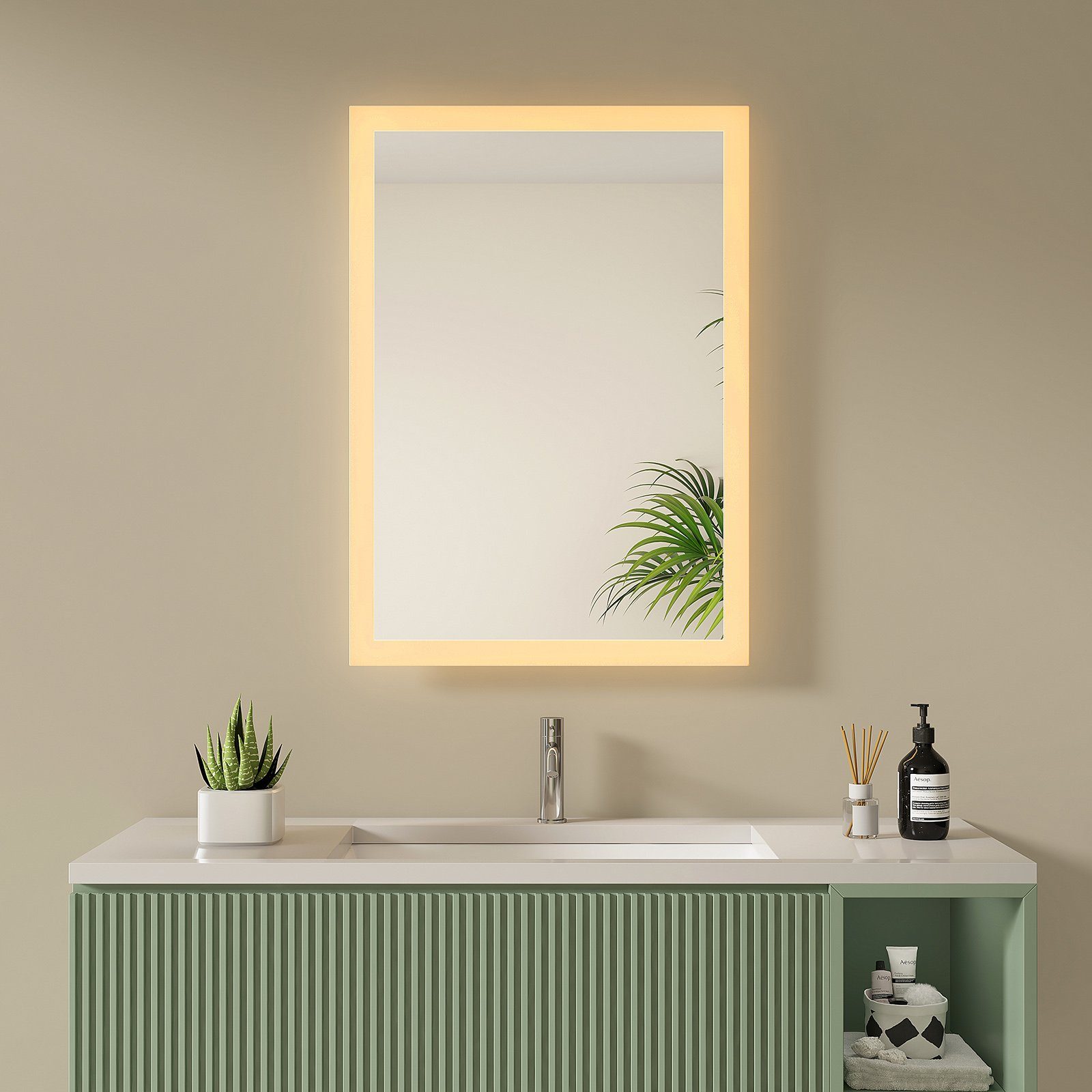 S'AFIELINA Badspiegel LED Badspiegel mit Beleuchtung Kosmetikspiegel Wandspiegel, Wandschalter,Warmweiß 3000K,Energiesparend, 2 Installationsmethoden