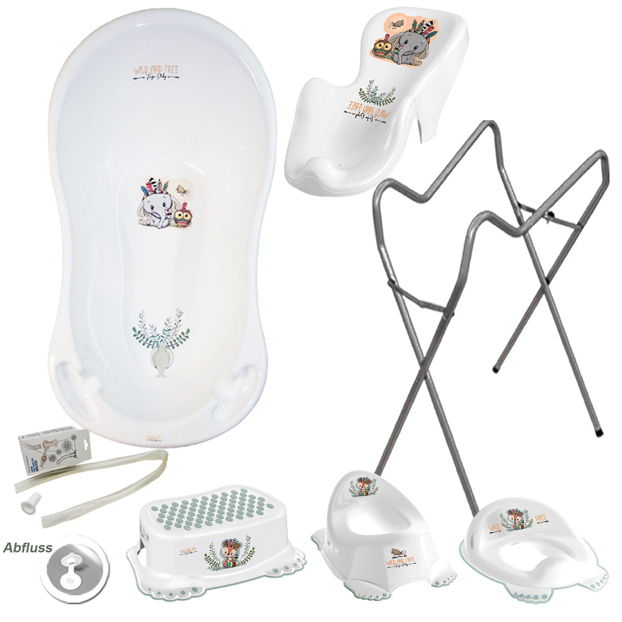 Tega-Baby Babybadewanne 6 Teile SET AB -Wild & Free + Ständer Grau - Abflussset Baby Wanne, (Premium.Set Made in Europe), Wanne+Badesitz+Töpfchen+WC Aufsatz+Hocker+Ablauf Set+Ständer