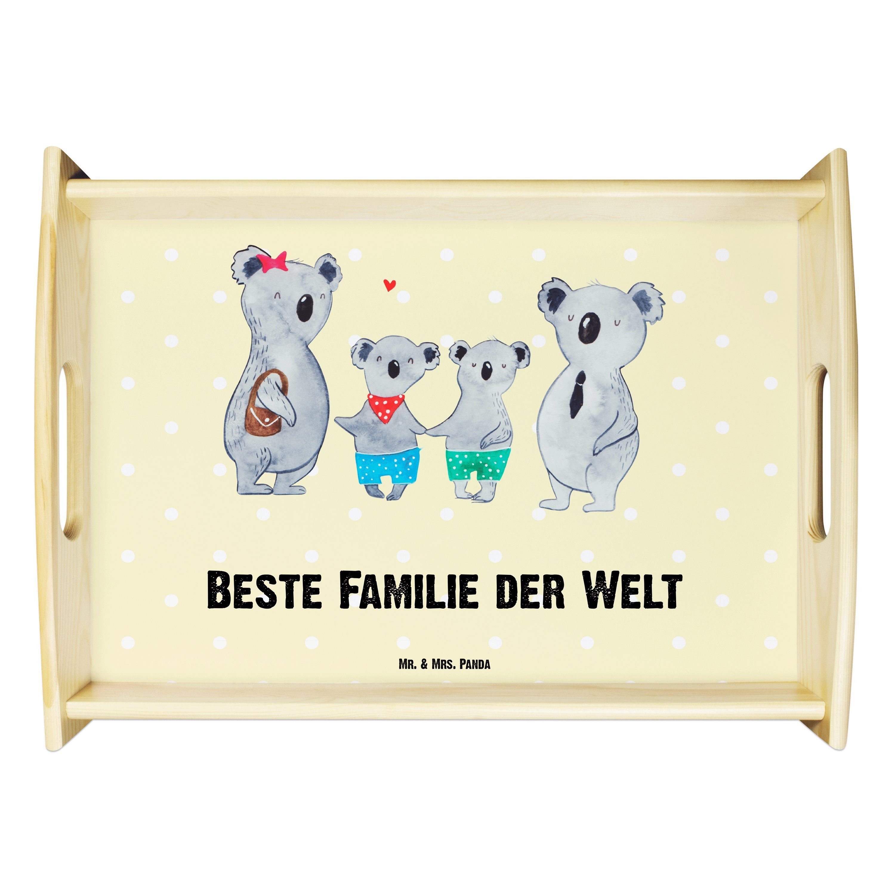 Mr. & Mrs. Panda Tablett Koala Familie zwei - Gelb Pastell - Geschenk, Koalabär, Frühstückstab, Echtholz lasiert, (1-tlg)