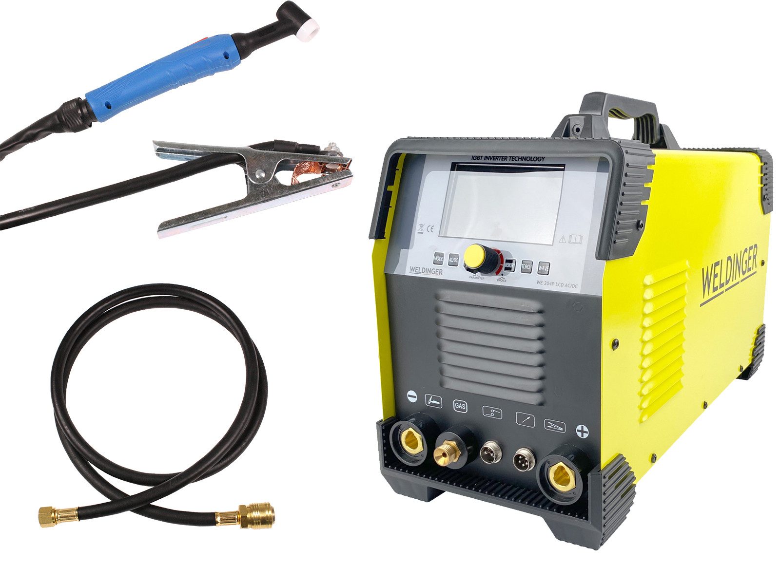 WELDINGER Schutzgasschweißgerät WIG-Schweißinverter WE 204P LCD ACDC HF Spot Puls 200 A für Aluminium, 10 - 200 A, 4-tlg., Mehrwellenbetrieb, Jobspeicher, LCD-Display