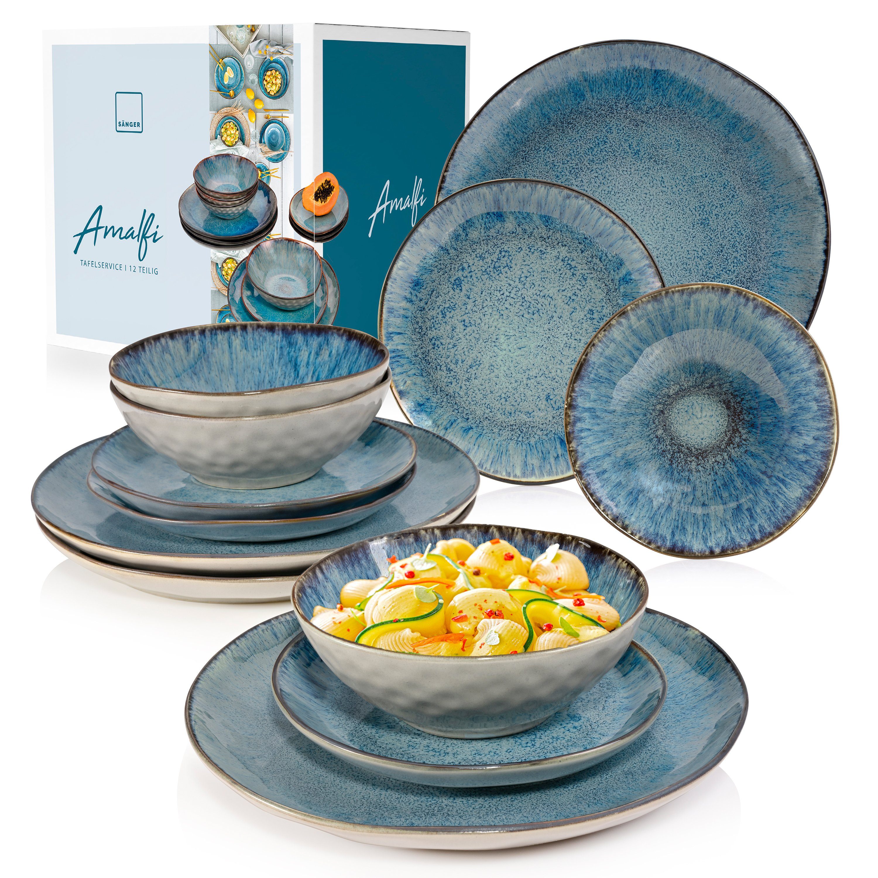SÄNGER Tafelservice Amalfi Geschirrset Blauer Farbverlauf mit Grauer Außenfläche (12-tlg), 4 Personen, Steingut, Handmade, Premium Collection