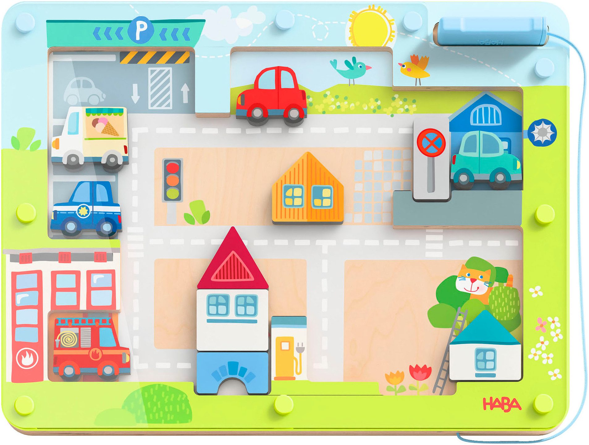 Haba Spiel Vario Stadt mit Magnetstift und magnetischen Motivplättchen, Magnetspiel