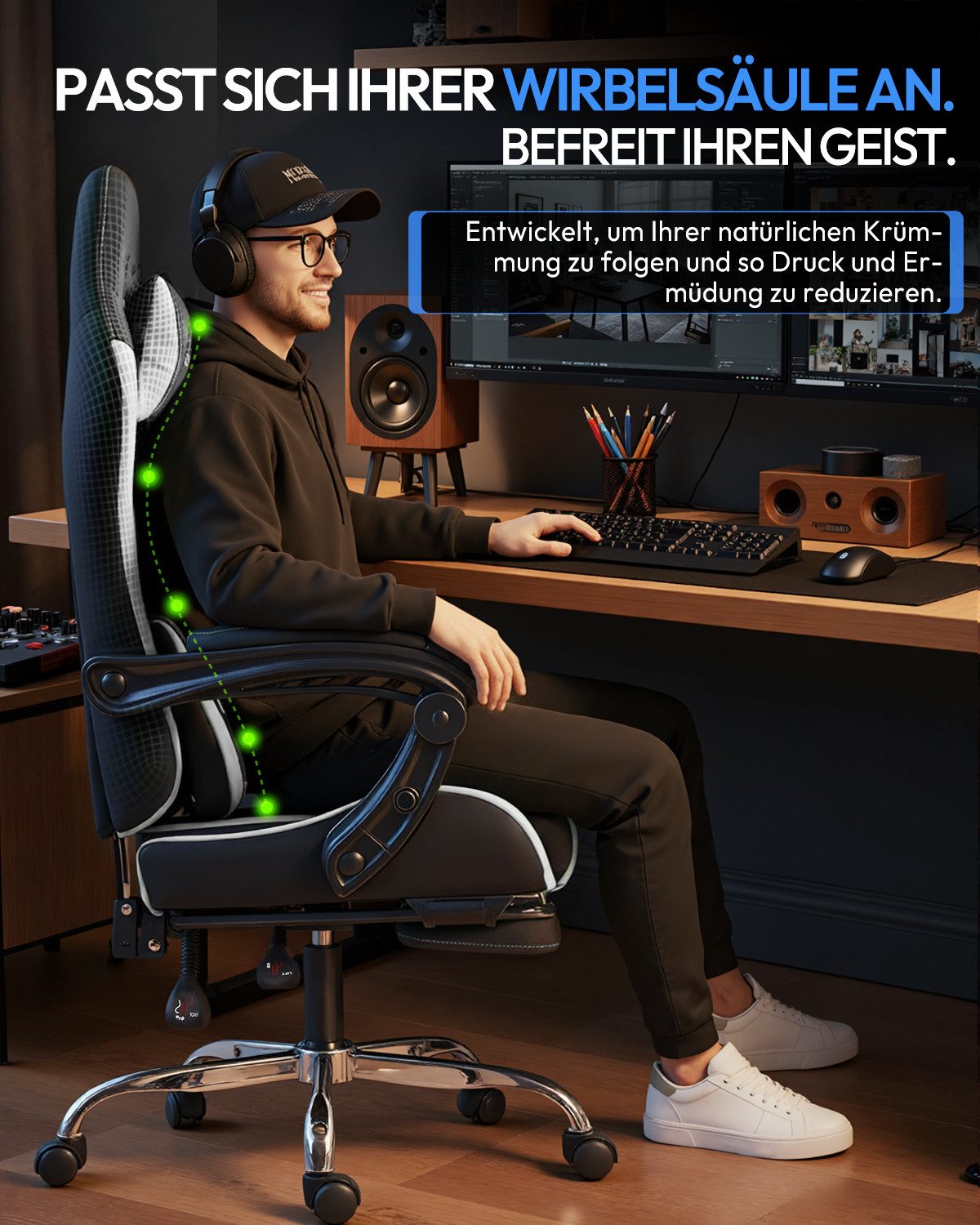 Dowinx Gaming-Stuhl Bürostuhl Massage Sessel mit höhenverstellbaren Linkage-Armlehnen (Packung), ergonomischer Gamer Stuhl mit Fußstütze, Gaming Chair bis 180 kg