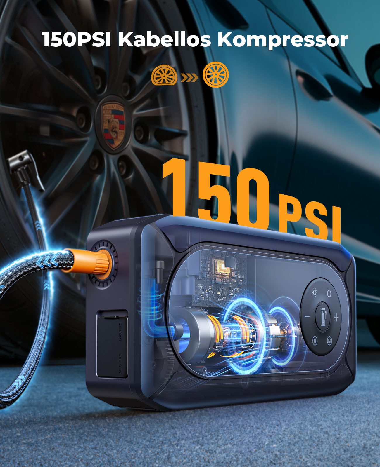 Buture 4500A Starthilfe Powerbank für Pkw mit Kompressor 150PSI, 16800mAh Starthilfegerät 16800 mAh, 4 Modi LED Licht und 3.3'' LCD Display