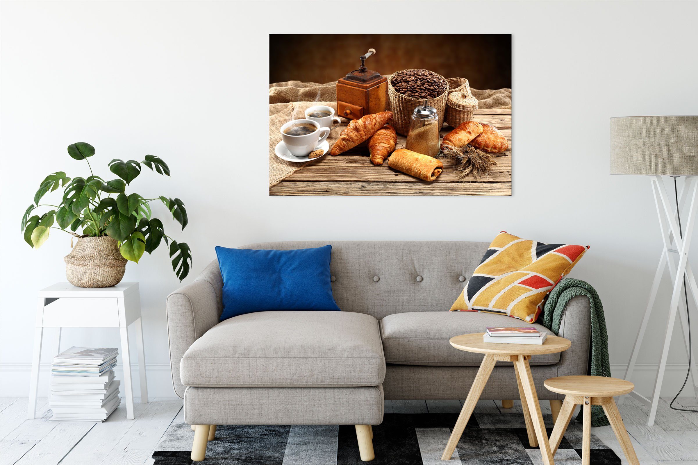 Pixxprint Leinwandbild Aromatischer Kaffee mit Croissant, Aromatischer Kaff günstig online kaufen