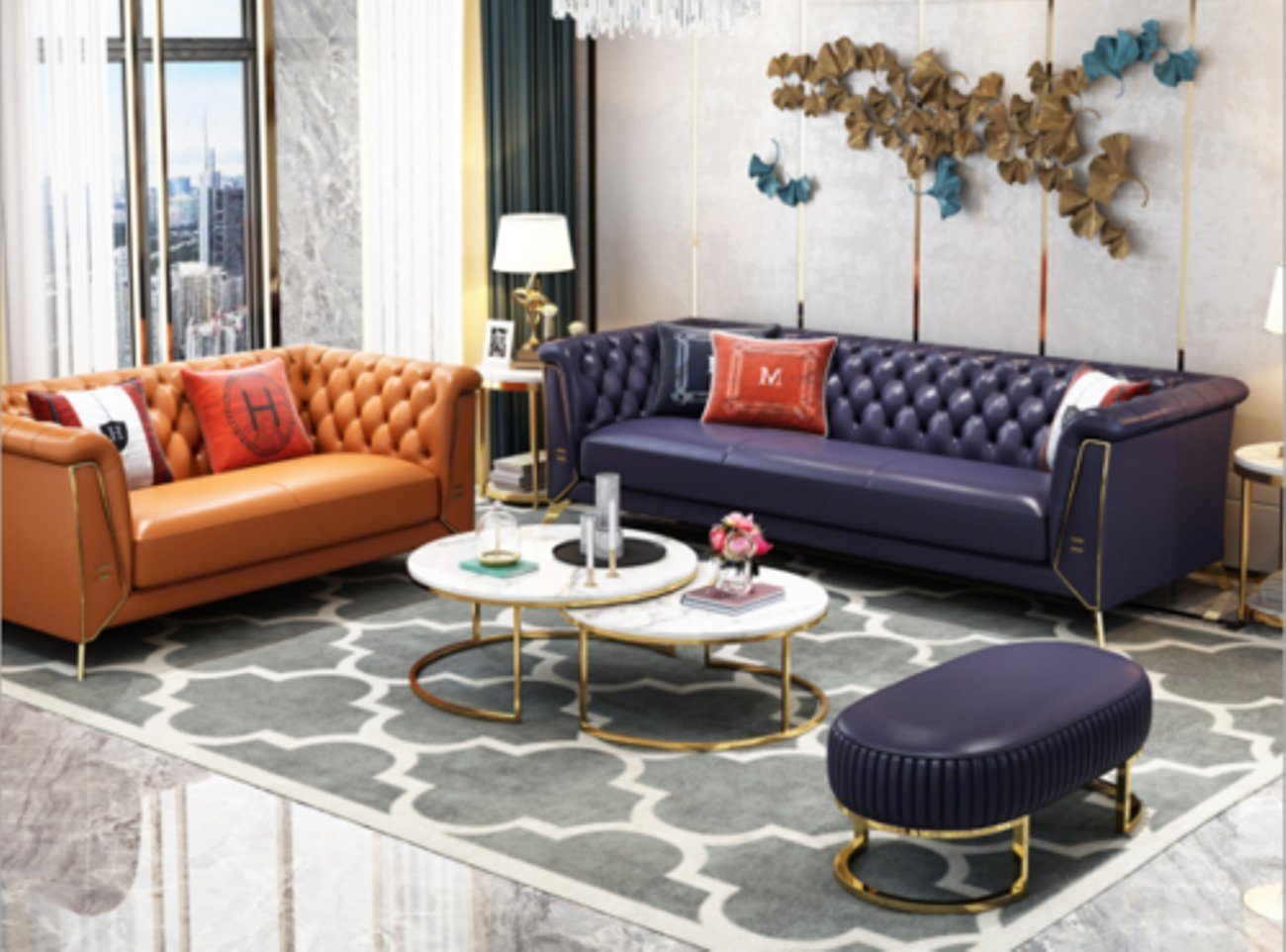 Sofa Couch Chesterfield Sitzer Garnitur 3+2 Design Wohnzimmer-Set, Sitz Polster Lila/Orange JVmoebel