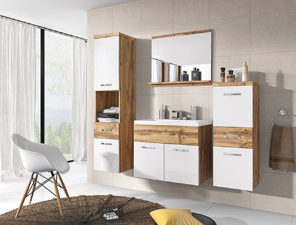 Badmöbel-Set ALBA, (Set, 5-St., Farbe wählbar), 2 Hängeschränke + 1 Spiegel + 1 Waschbeckenunterschrank + 1 Waschbecken