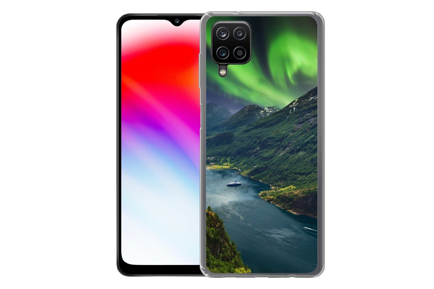MuchoWow Handyhülle für Samsung Galaxy A12 Nordlichter - Berg - Boot - Norwegen, Smartphone-Bumper, Print, Handy Schutzhülle Dünn