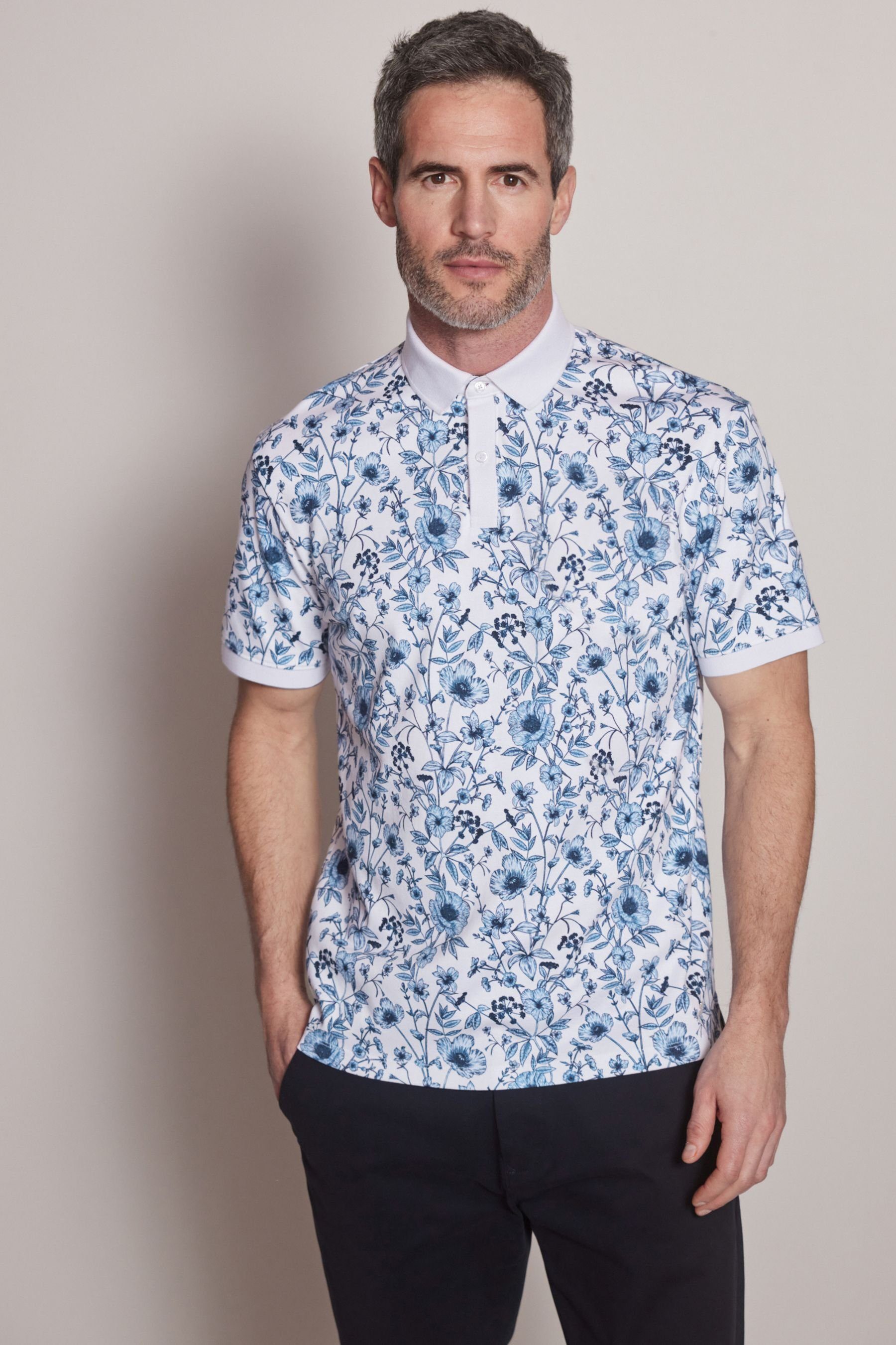 mit Polo-Shirt Next White/Blue (1-tlg) Poloshirt Floral Geoprint