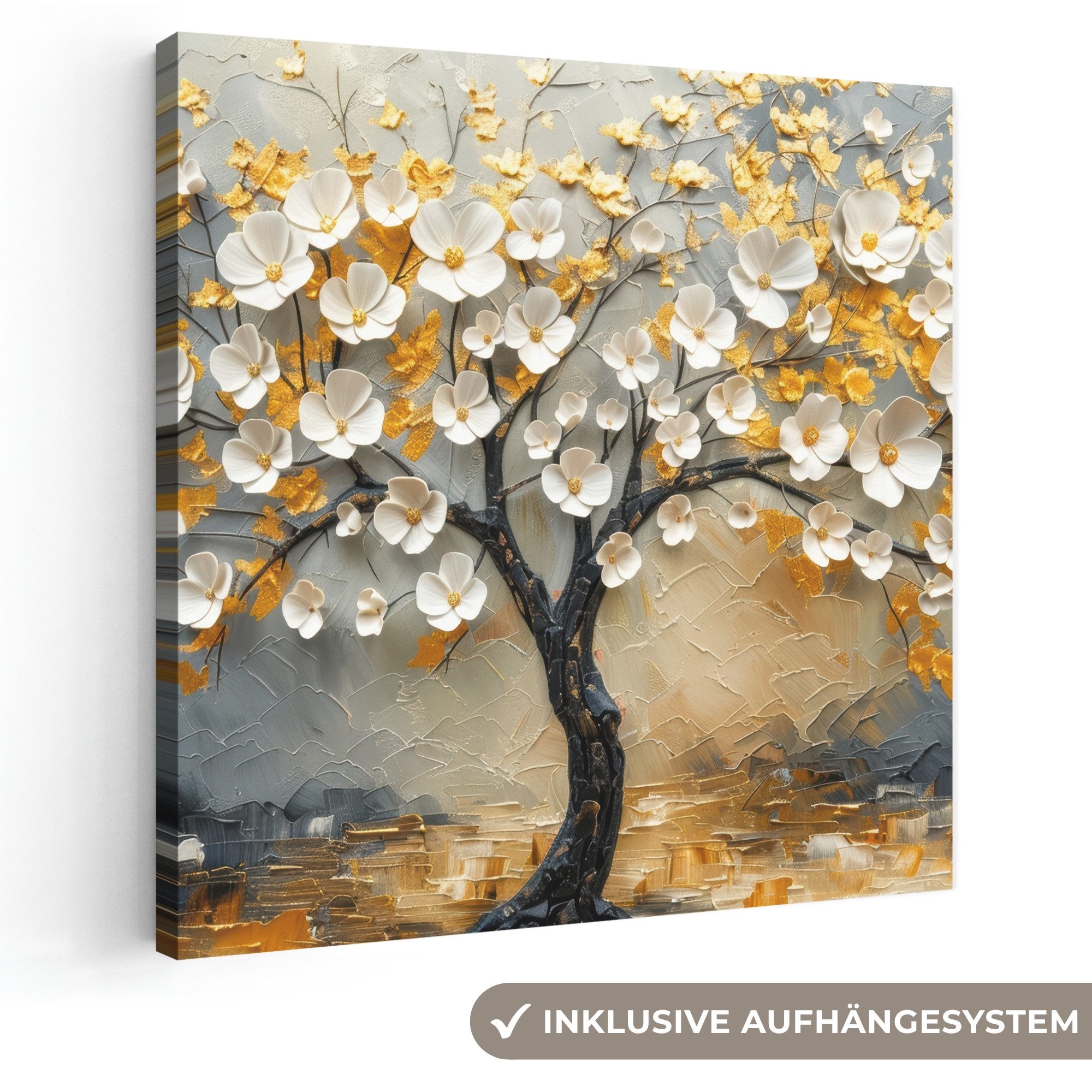 OneMillionCanvasses® Leinwandbild Baum - Blumen - Gold - Beige, Fotodruck (1 St), Wandbild, Deko Schlafzimmer Wohnzimmer Flur 20x20 cm