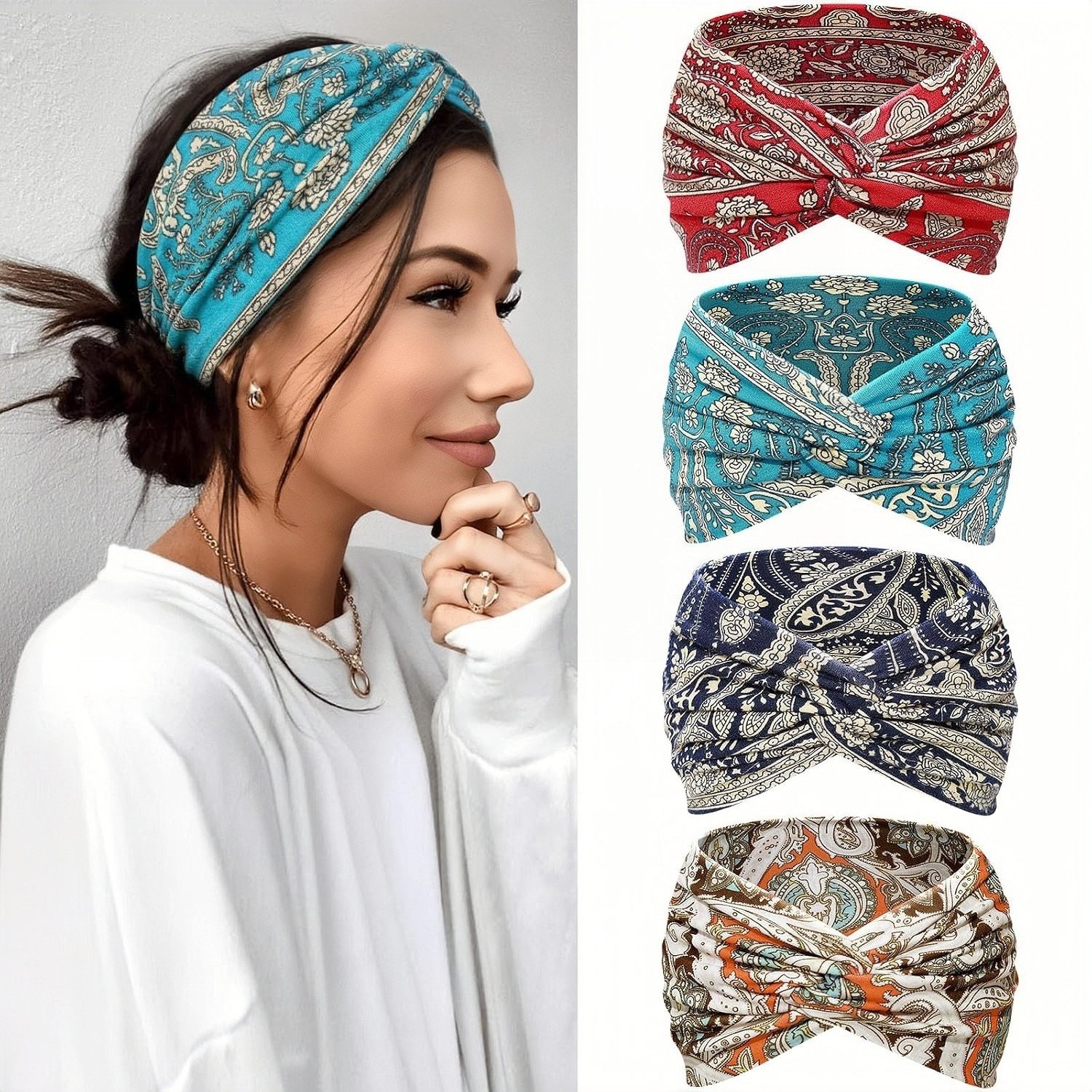 FOUORTUNATE-BEE Seidentuch Damen Haarbänder 4er-Set, extra breit und elastisch, Boho-Look, (4-St), Bunte Haarbänder für Yoga, Sport, Make-up und Alltag