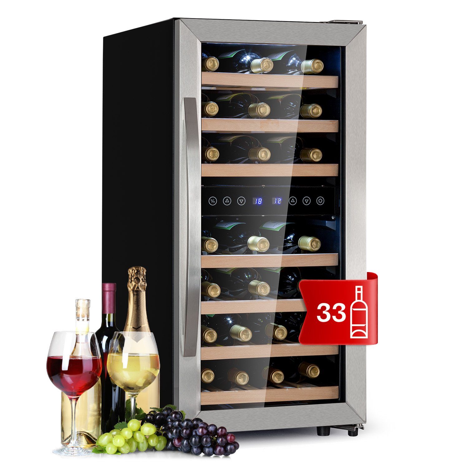 Klarstein Weinkühlschrank Vinamour, für 33 á Edelstahl 0,75l Standardflaschen