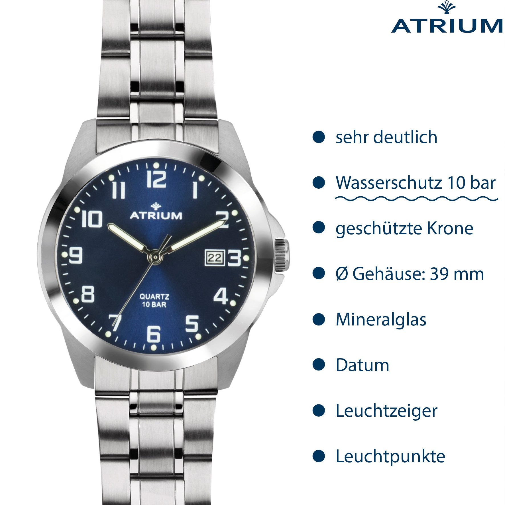 Atrium Quarzuhr A16-35 Herren Armbanduhr Edelstahl Datum 10 bar, analog klassisch schlicht deutlich Geschenkidee Ø 39 mm
