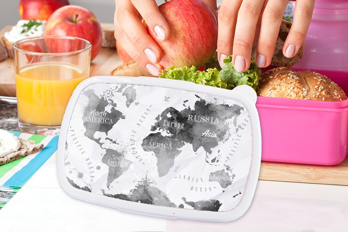 Brotbox Lunchbox Kunststoff Snackbox, Brotdose MuchoWow (2-tlg), Erwachsene, Kunststoff, - Mädchen, Kinder, Weltkarte rosa für Ölfarbe, Schwarz -