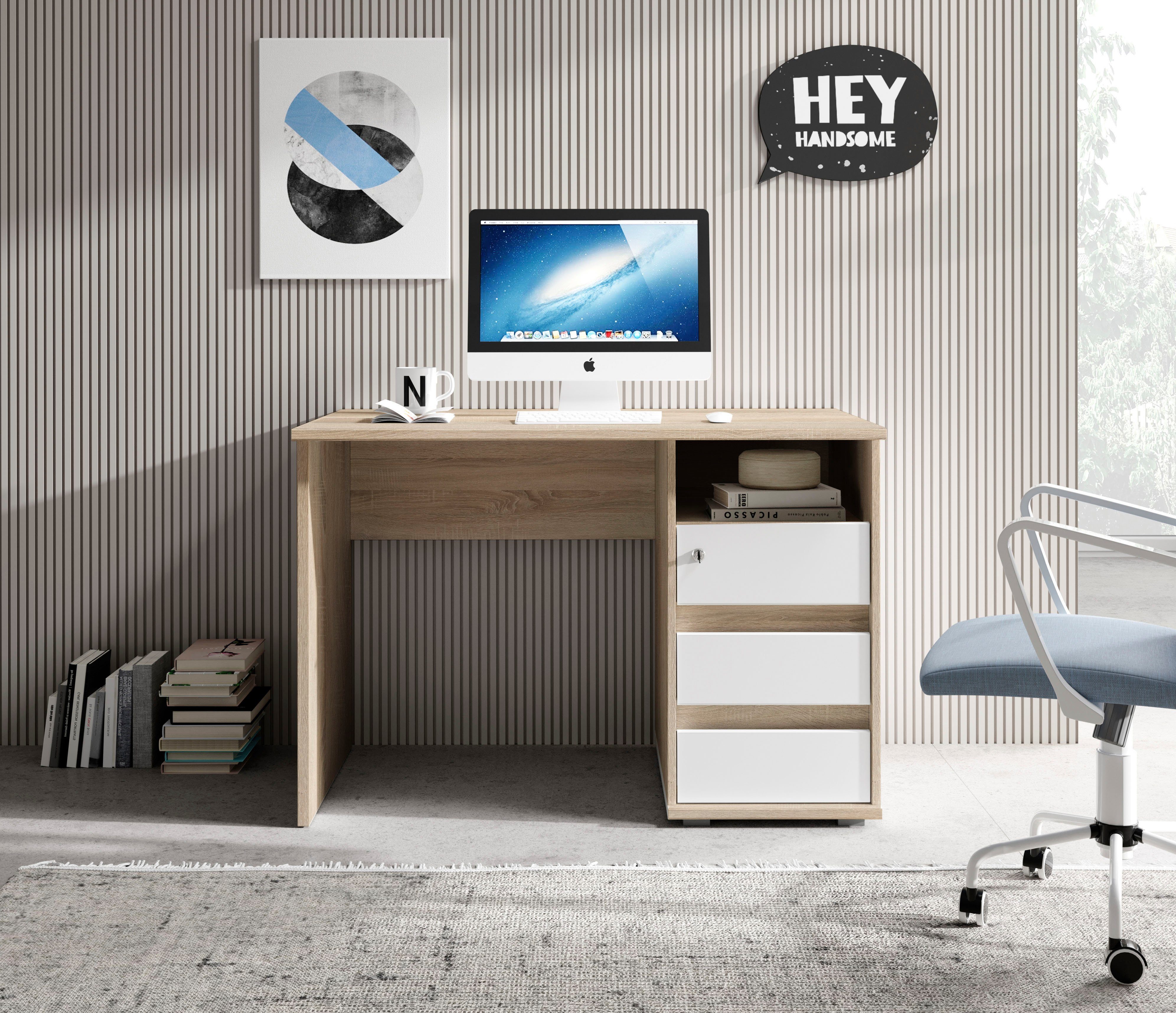 BEGA OFFICE mit in eiche 3 Primus Schubkasten abschließbar Farbausführungen sonoma/weiß Schreibtisch 1