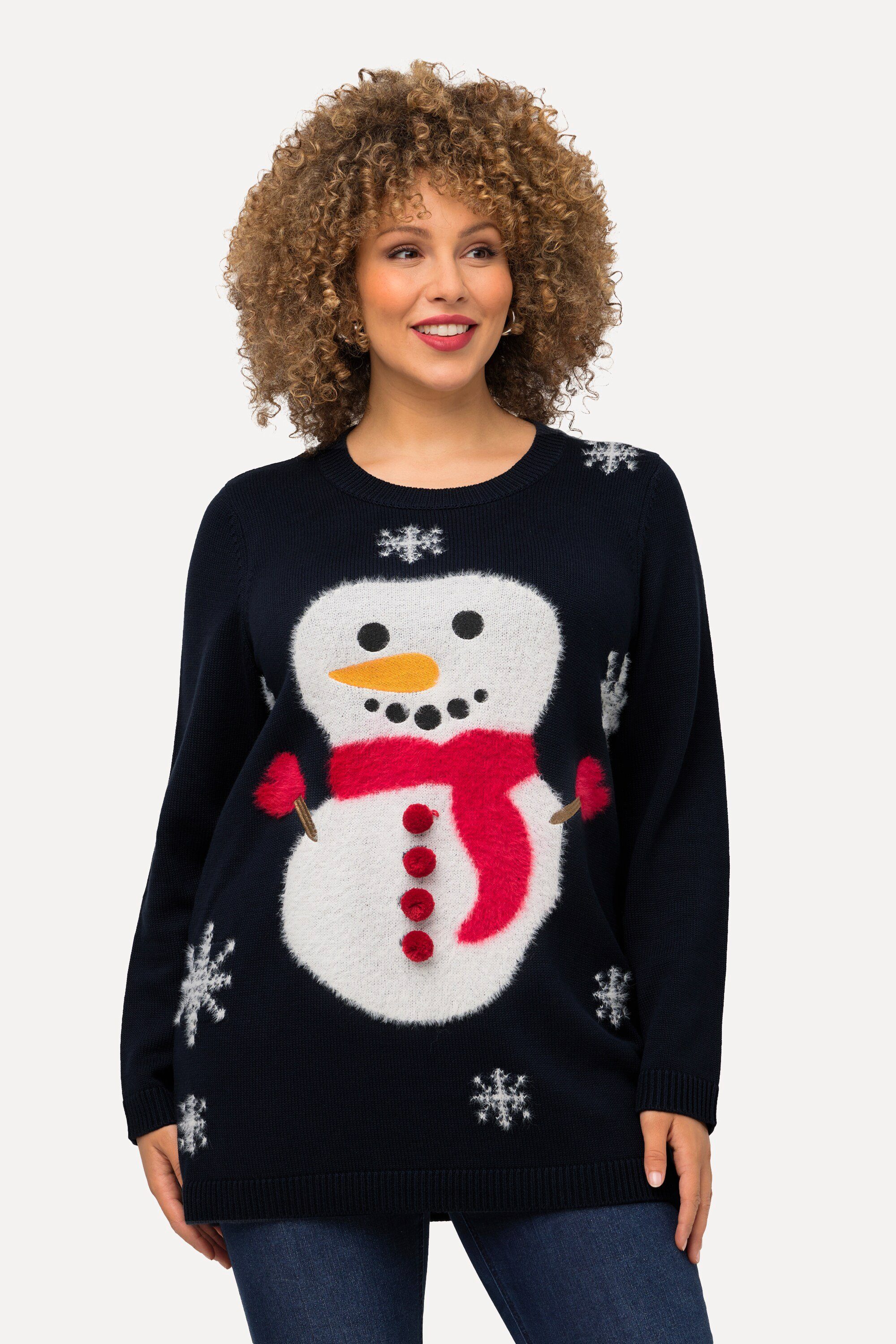 Ulla Popken Strickpullover Weihnachtspullover Schneemann Rundhals Langarm