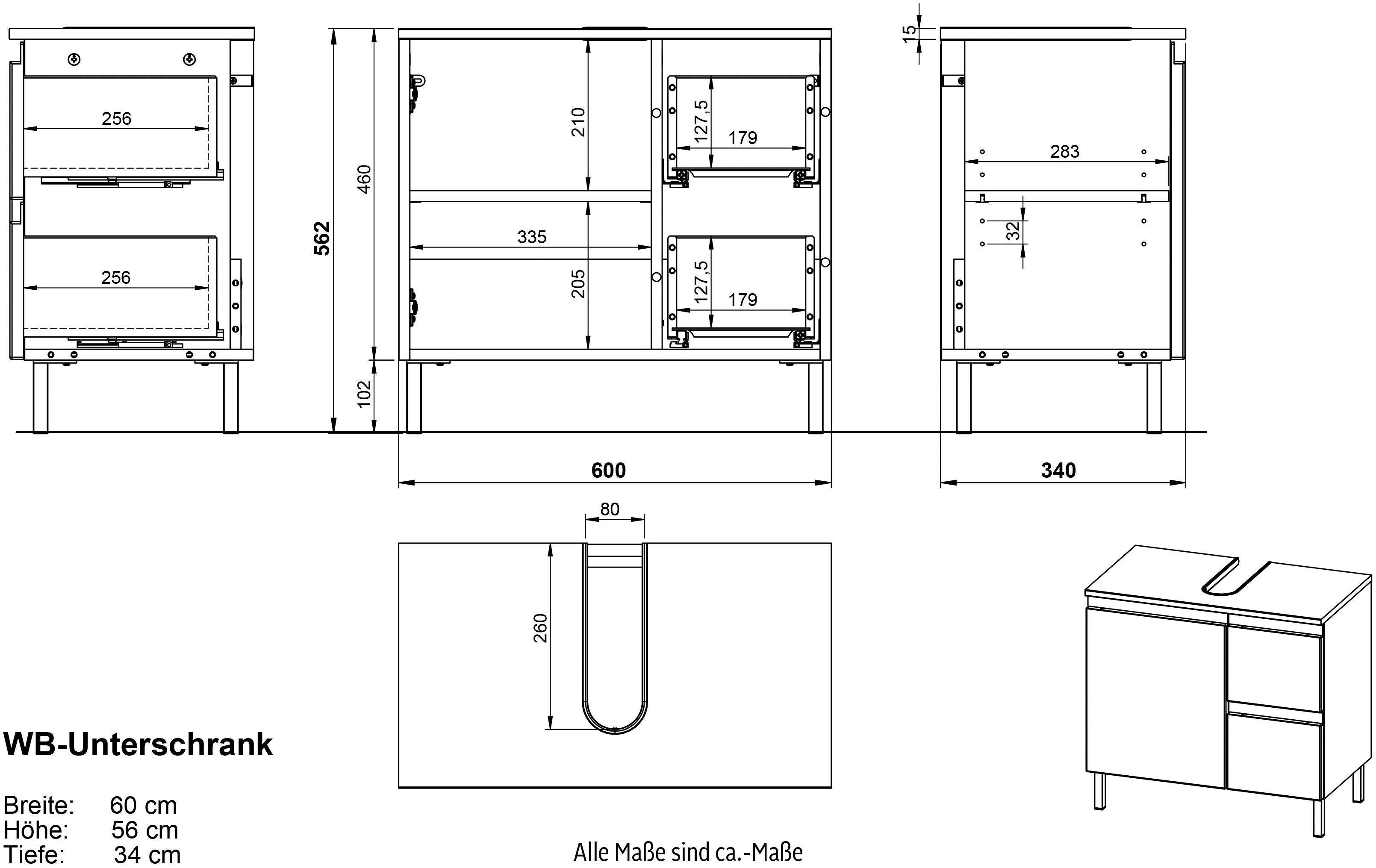 aus mit Waschbeckenunterschrank Design verstellbarem Füßen griffloses Metall, Einlegeboden und Torrance GERMANIA