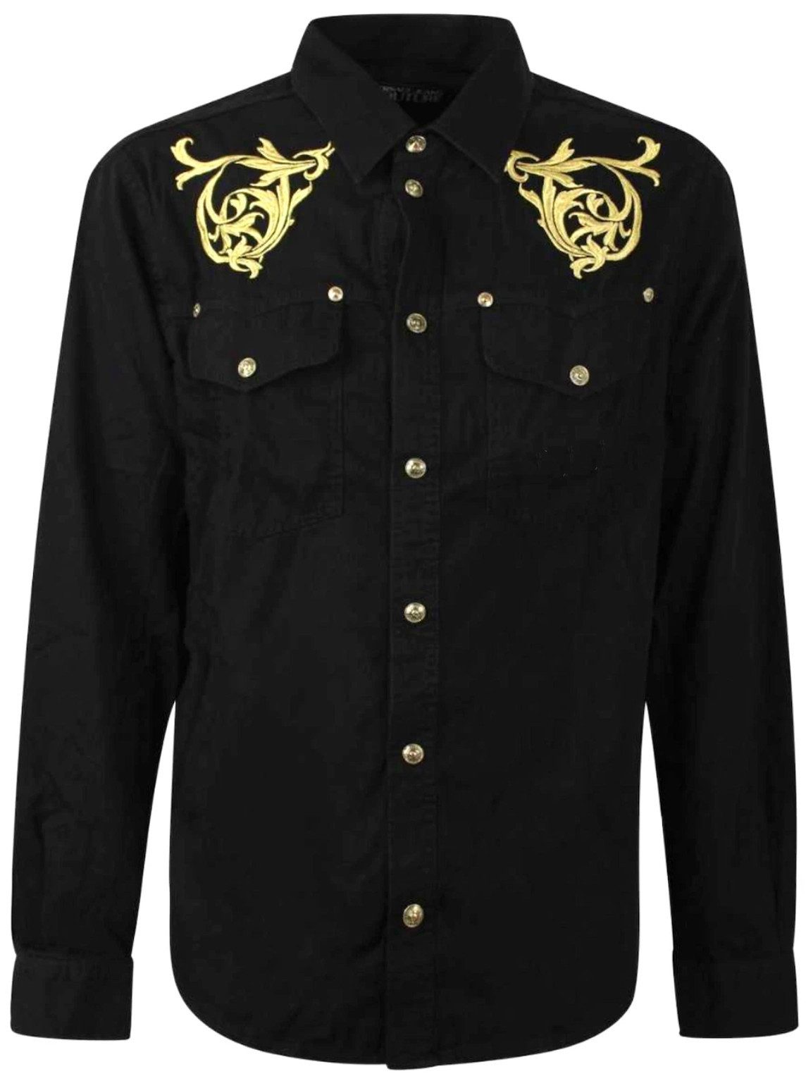 Versace Langarmhemd Regalia Baroque Denim Hemd Jacke Lose Fit Goldfarbene,logo-gravierte Hardware mit Barock-Stickerei