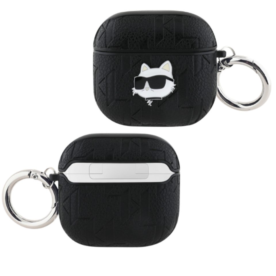 KARL LAGERFELD Kopfhörer-Schutzhülle Case AirPods 4 Kunststoff schwarz Logo Metall Katze, Kantenschutz