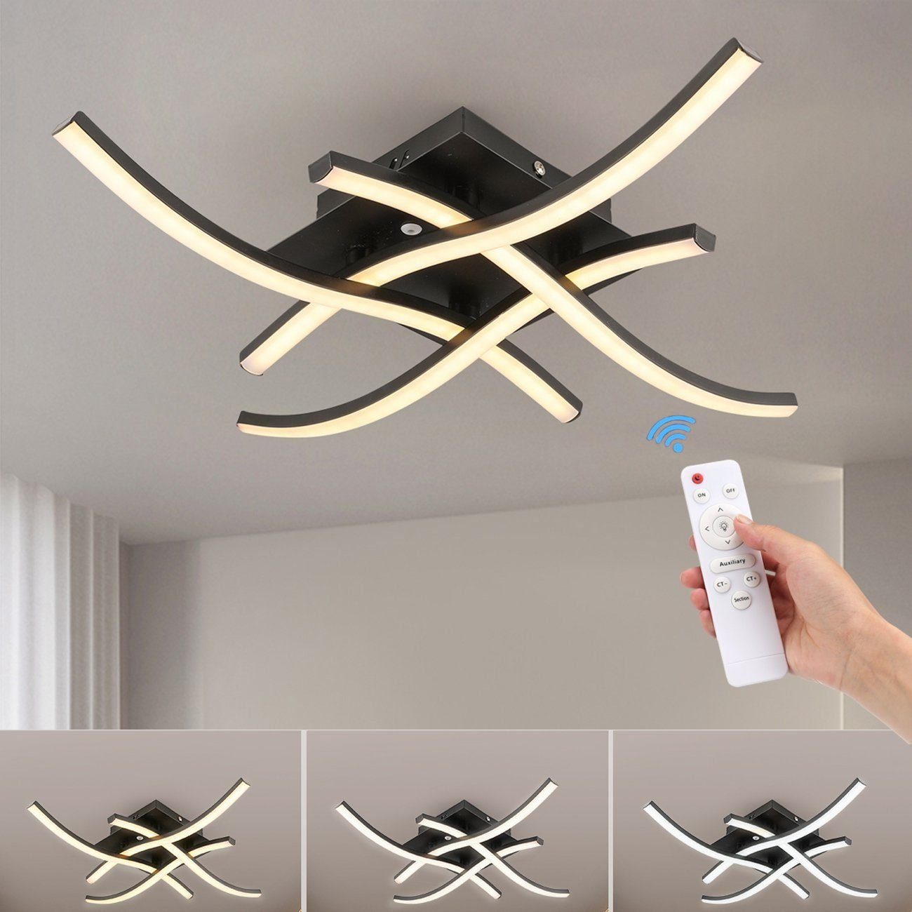 LETGOSPT Deckenleuchte LED Deckenlampe 4-flammig, Deckenleuchte dimmbare mit Fernbedienung, LED fest integriert, Kaltweiß, Warmweiß, Naturweiß, 48W Curved Design Deckenlampe für Wohnzimmer Schlafzimmer Korridor