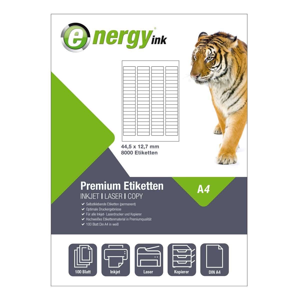 Energy-ink Etikettenpapier energy ink ET44,5x12,7, Etiketten 44,5x12,7 mm - 100 Blatt = 8000 Etiketten A4