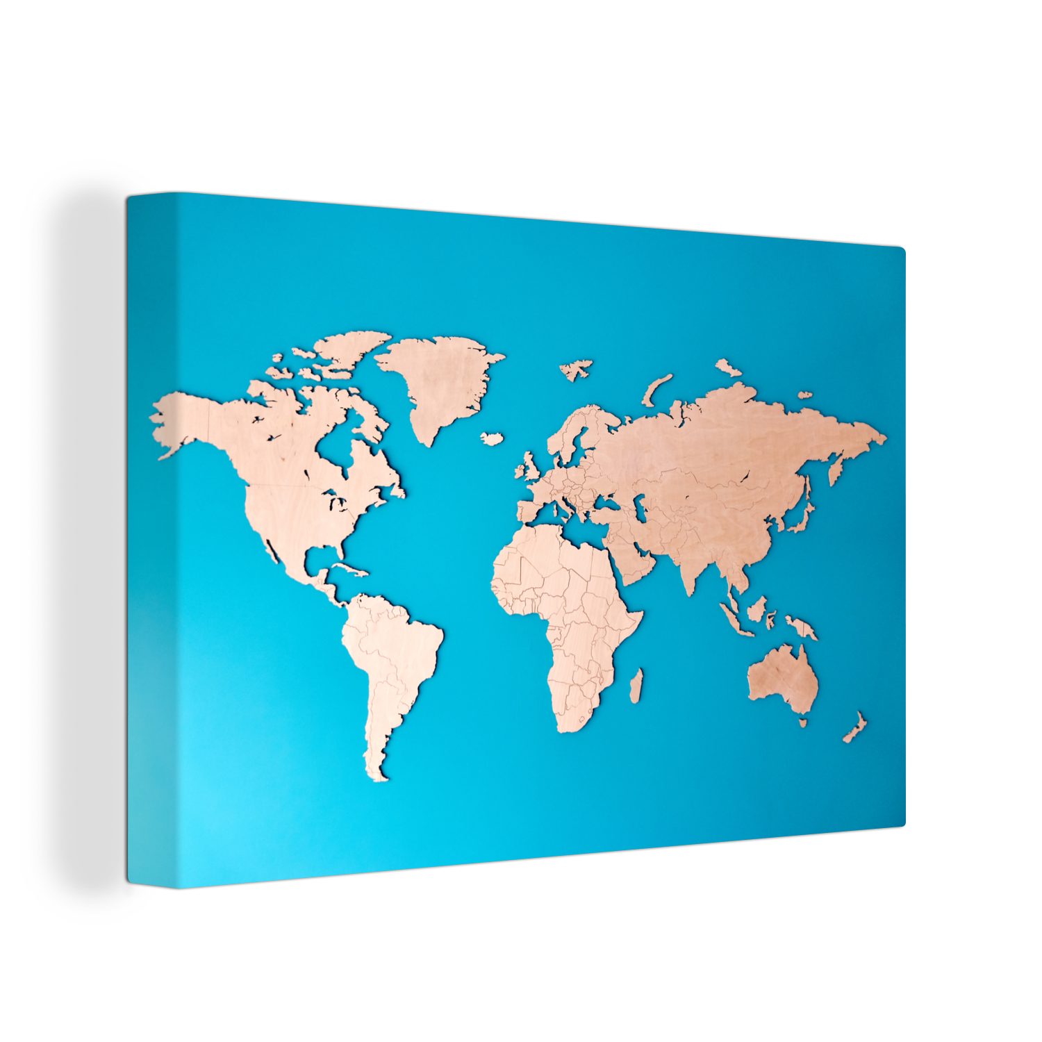 Weltkarte Holzfarbe Aufhängefertig, Wandbild 30x20 cm St), Leinwandbilder, Blau, (1 - OneMillionCanvasses® Leinwandbild - Wanddeko,