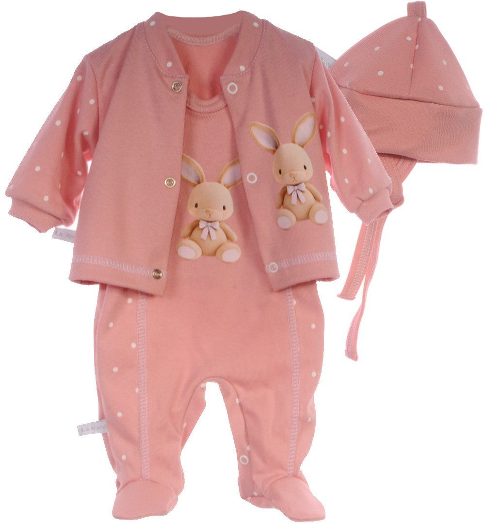 La Bortini Strampler Baby Anzug Erstlingsausstattung Set in Puderrosa mit Hasen aus reiner Baumwolle, 44 50 56 62 68 74