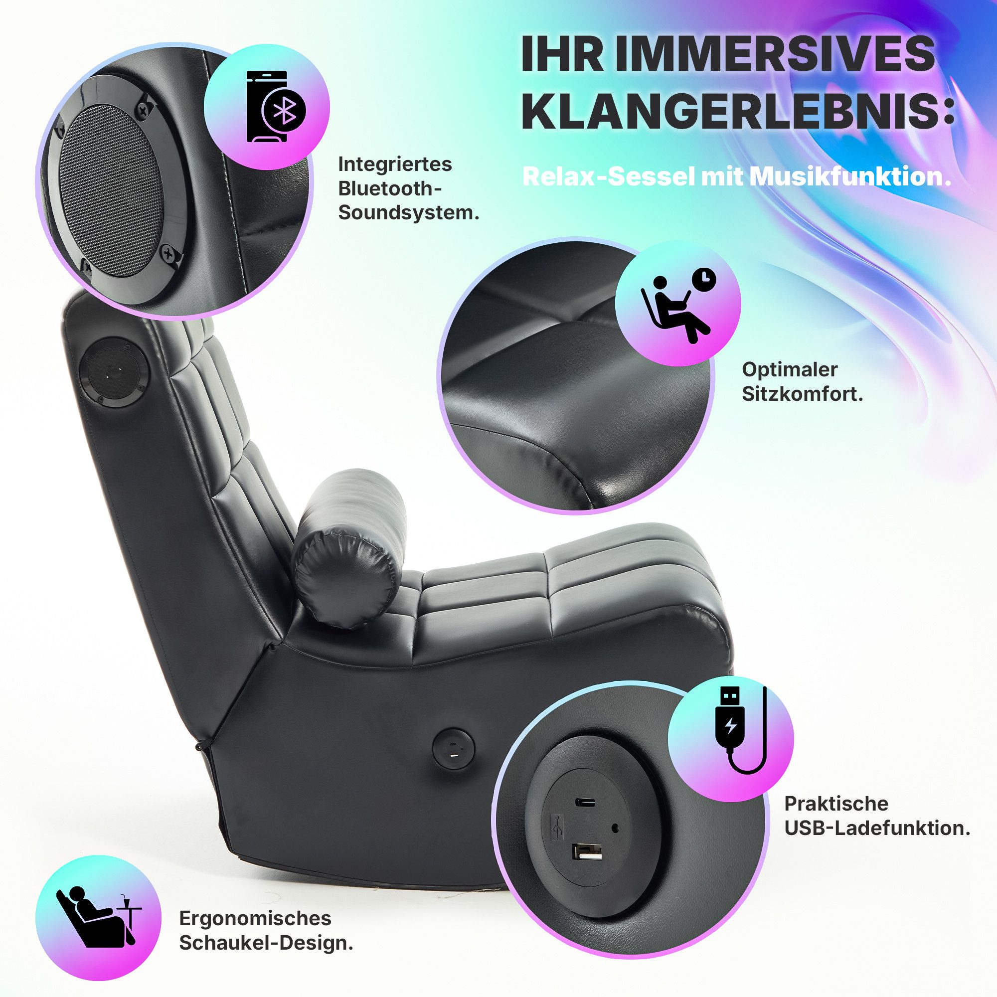 Allyson Relaxsessel Fernsehsessel Wohnzimmer – Bequemer Lounge & Ruhesessel mit Bluetooth, Bluetooth-Lautsprecher, USB-Ladefunktion, klappbar, inkl. Kissen.