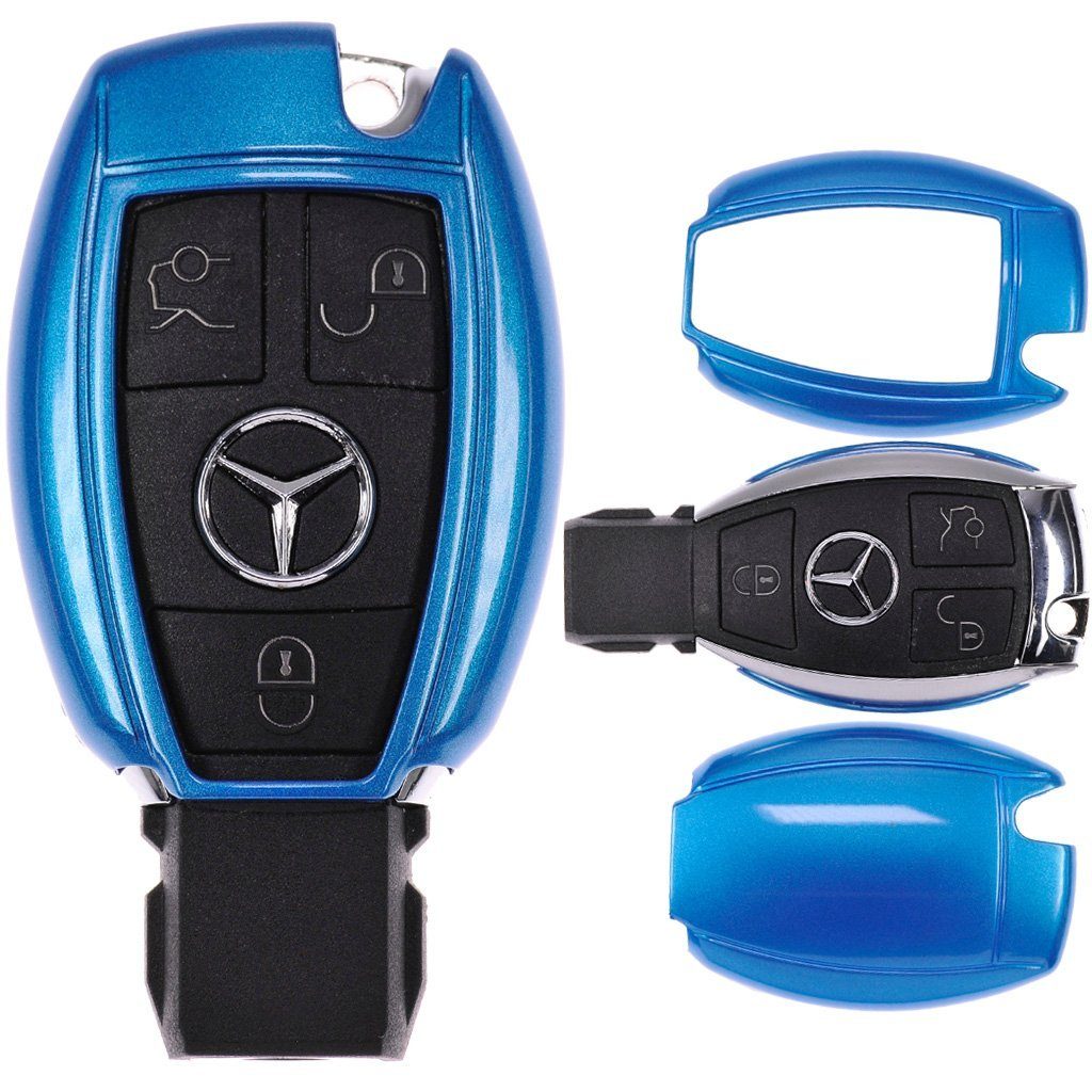 mt-key Schlüsseltasche Autoschlüssel Hardcover Schutzhülle Metallic Blue, für Mercedes Benz Funk ab 2005 Smartkey Metallic Blau